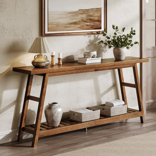 ChooChoo 70.9 Inch Long Console Tables for Entryway, Wood 2-Tier Entry Hallway Table, Narrow Sofa Table Behind Couch Table for Living Room, Entrance, Walnut