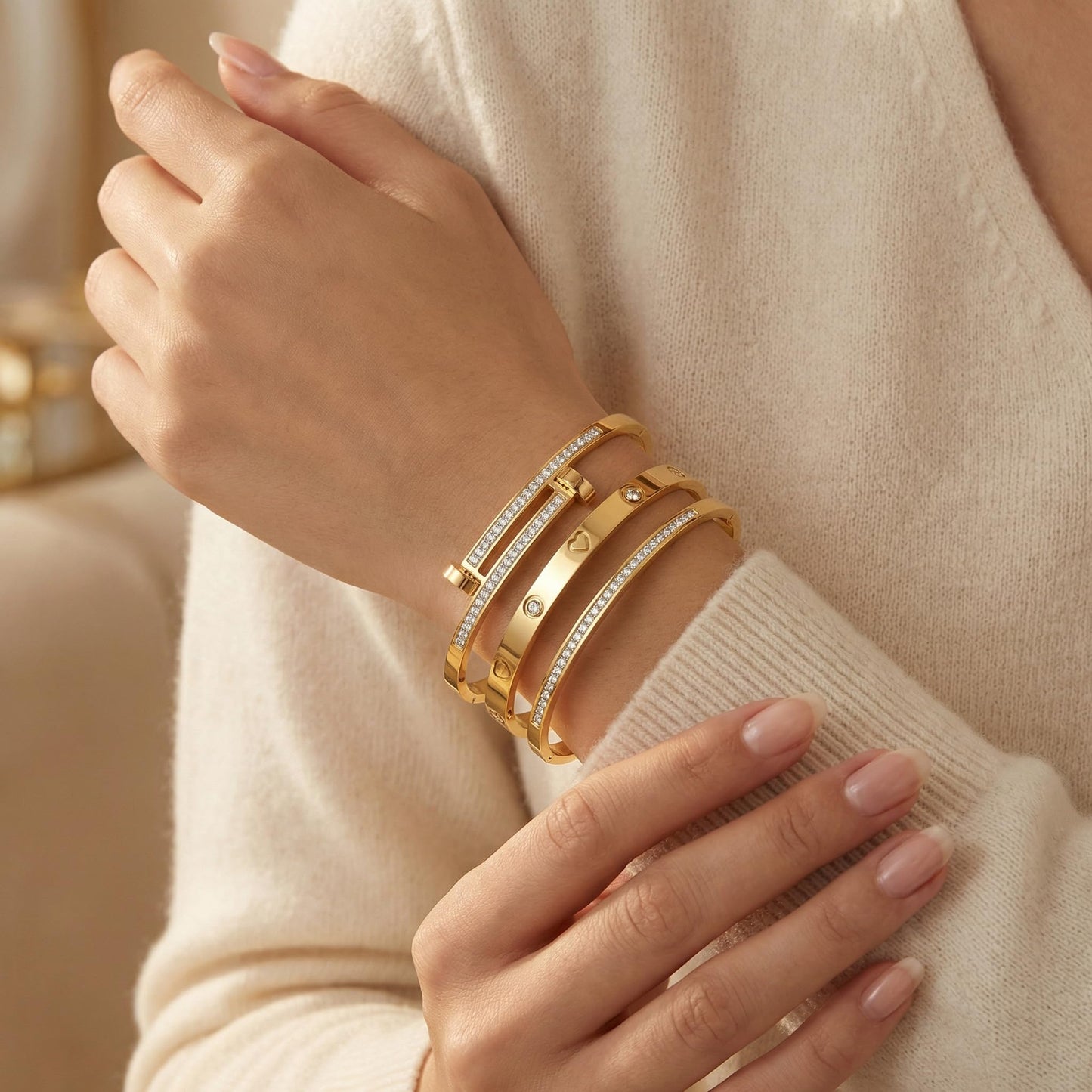 Camhanno Stackable Gold Bracelets for Women Stainless Steel Love & Friendship Bangle, Mothers Day Valentines Birthday Christmas Jewelry Gifts for Mom Her Wife Grandma(Style 14)