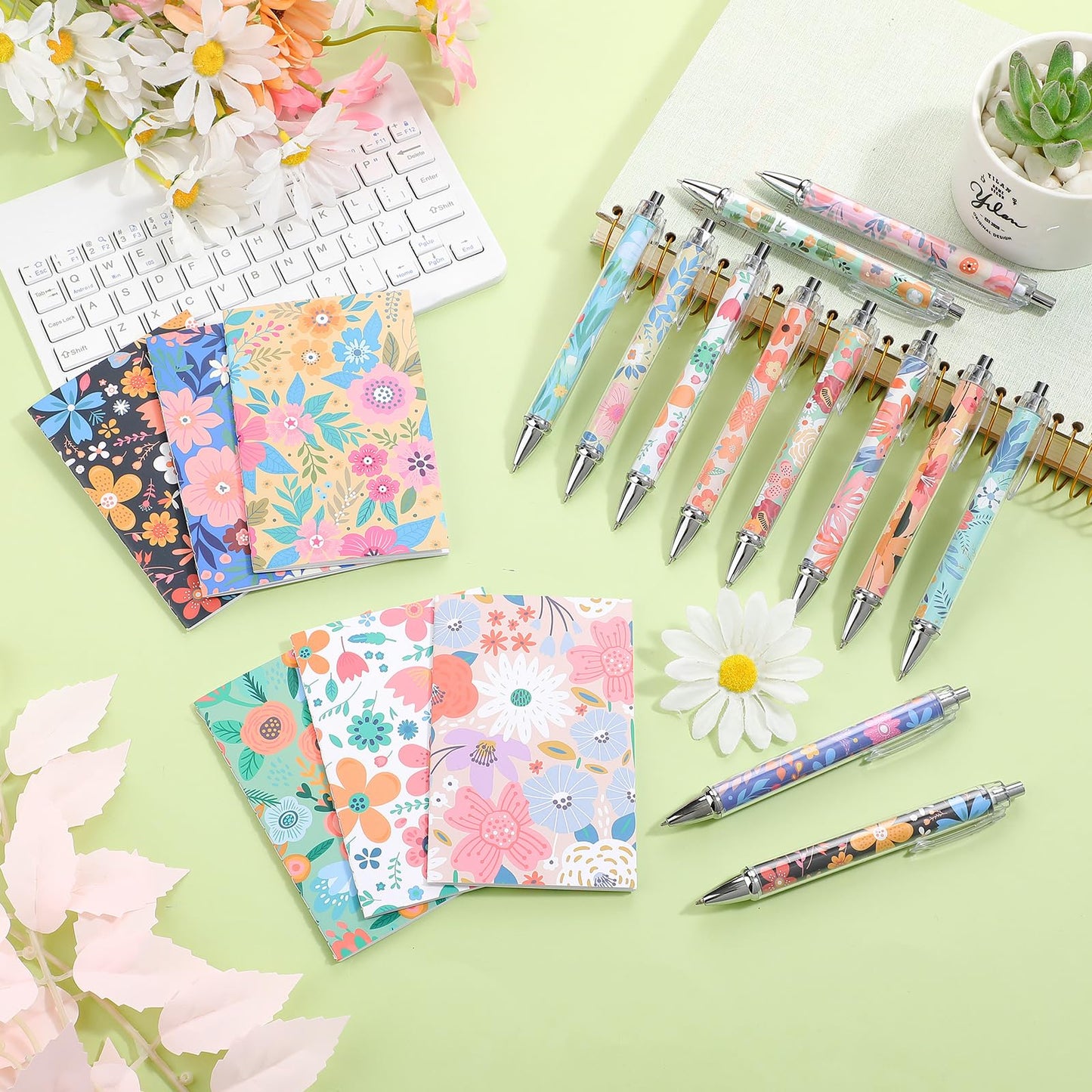 Motiskyy 24 Pcs Floral Pens Flower Ballpoint Pens Flower Notepads Set Design Line Notebook Employee Gifts Set for Student Womens History Month School Supplies, Valentine's Day, Mother's Day Gift