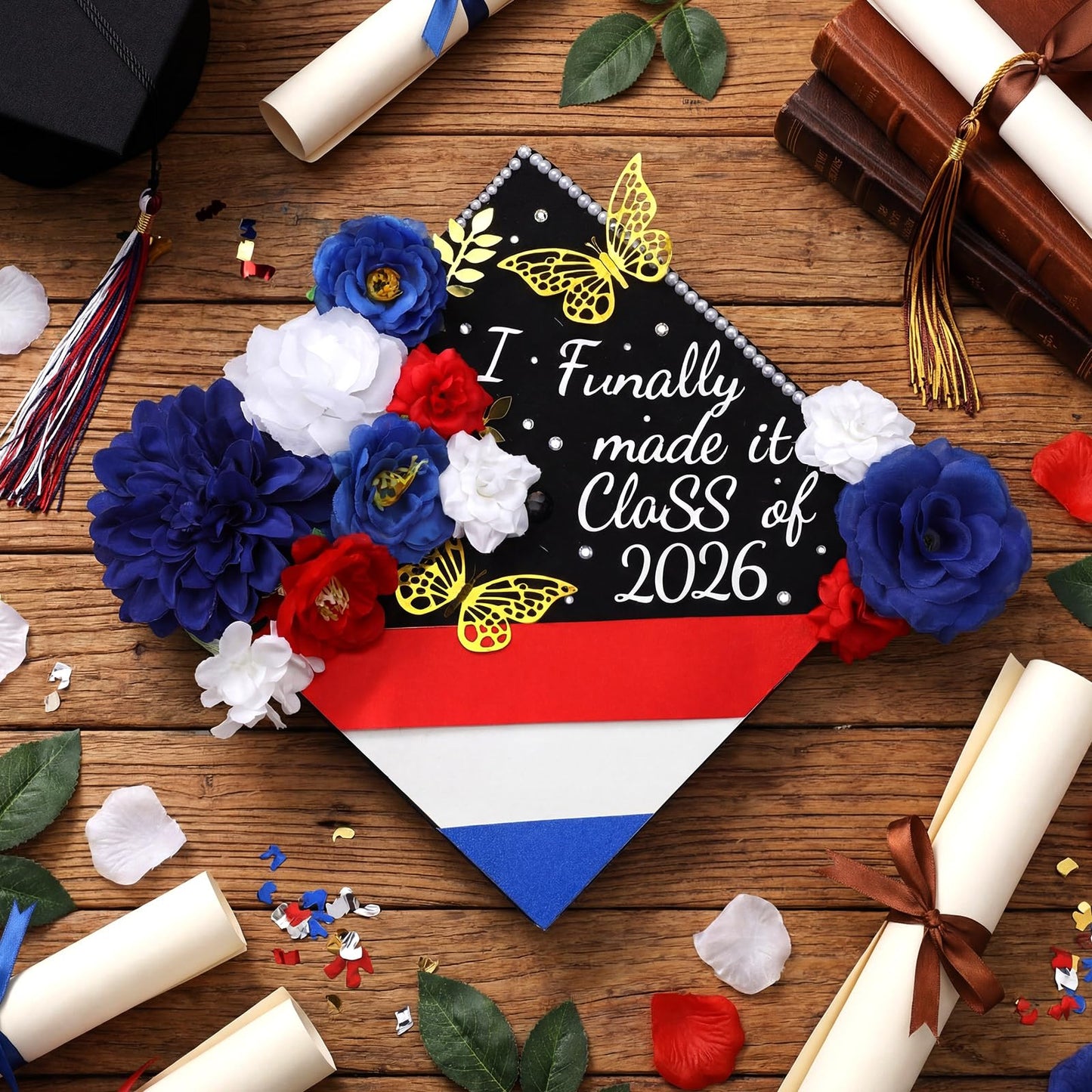 FineCheer 46 Pcs DIY Graduation Cap Decoration Kit Red White Blue Puerto Rico Flower 3D Butterfly Rhinestone Pearl Letter Sticker Glitter Paper for Dominican Republic 2026 Grad Hat Topper Party Decor