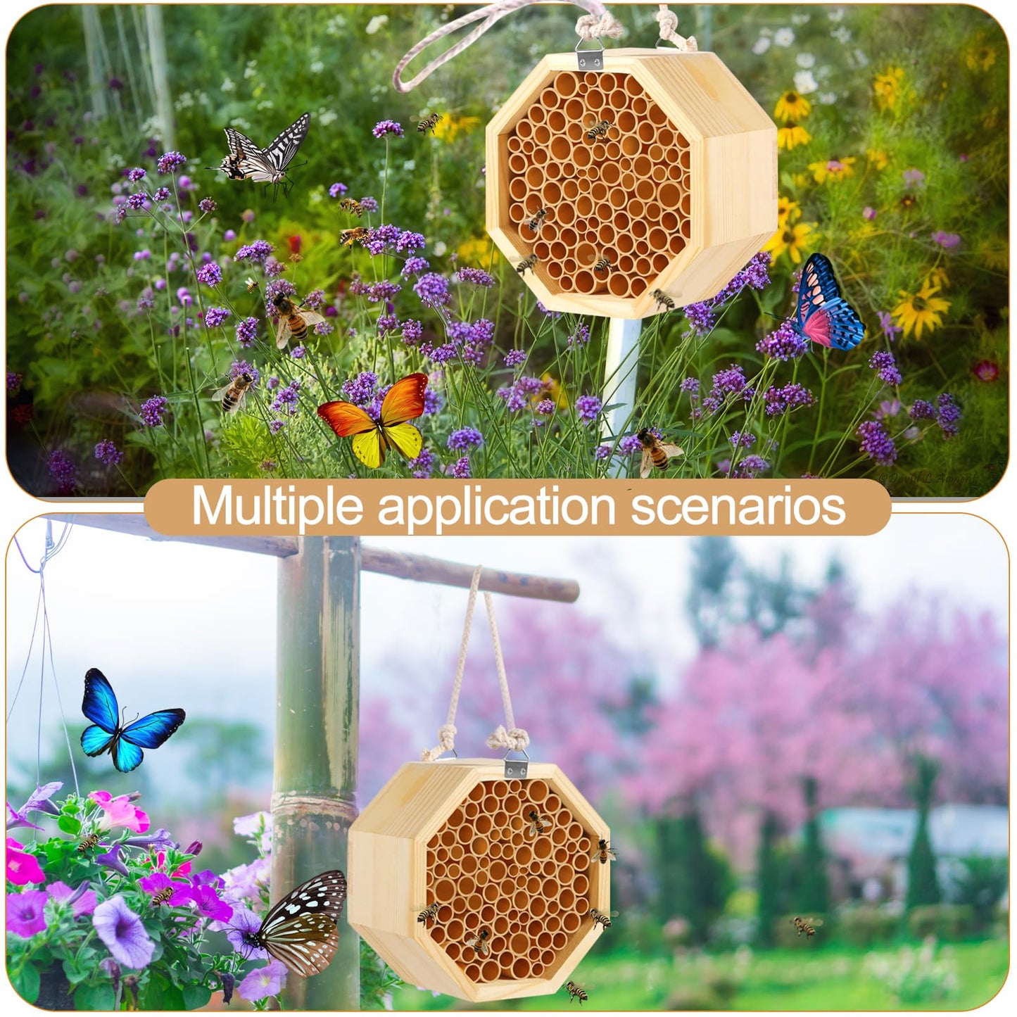 Mason Bee House - Handcrafted Natural Wooden Bee Hotel with Waterproof Wax Coating - Attracts Peaceful Pollinators, Enhances Garden Productivity