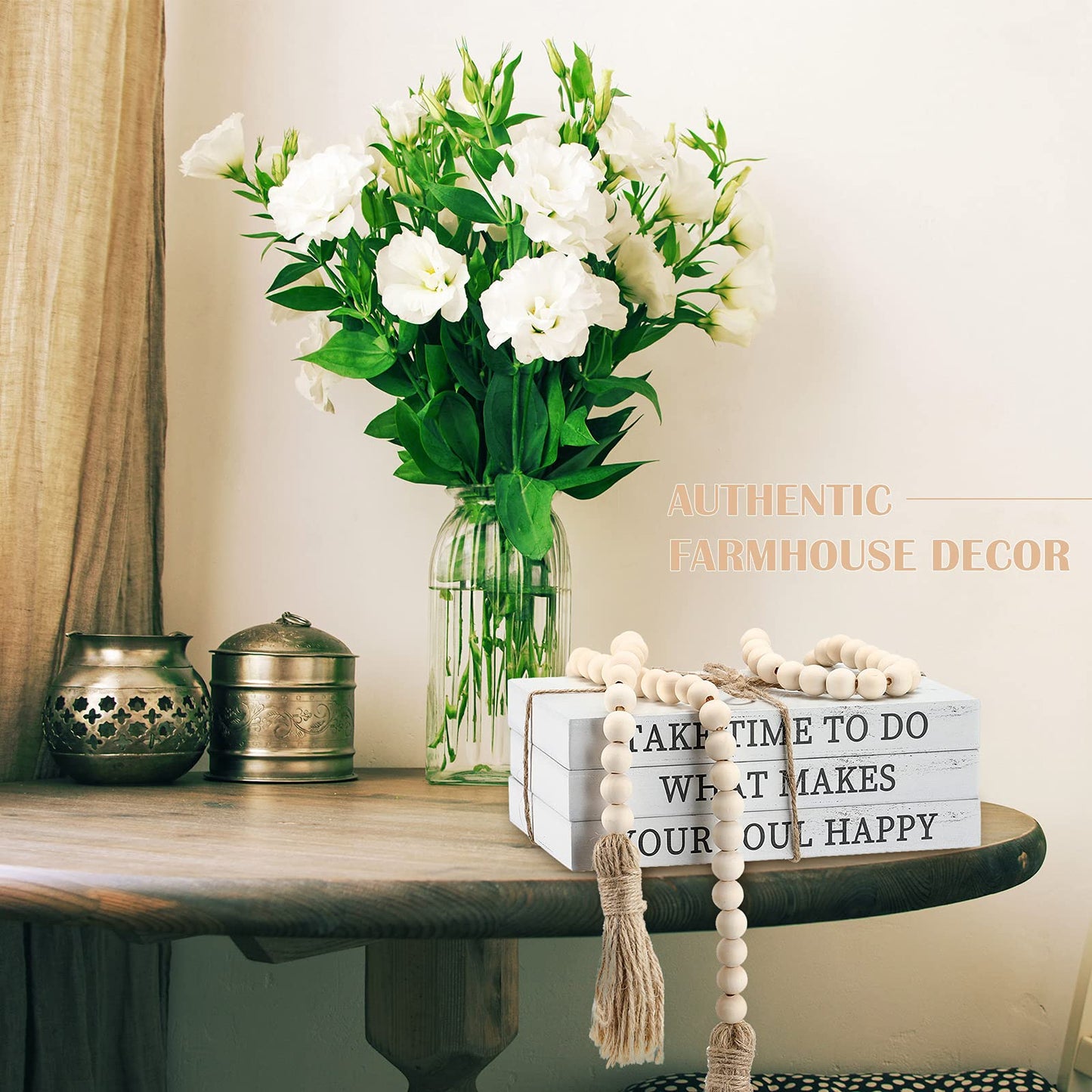 Jetec Decorative Display Books Hardcover, Faux Farmhouse Stacked for Coffee Tables Shelves with Wood Bead Tassels 58 Inch, 3 Pieces, White(Take Time to do, What Makes, Your Soul Happy)