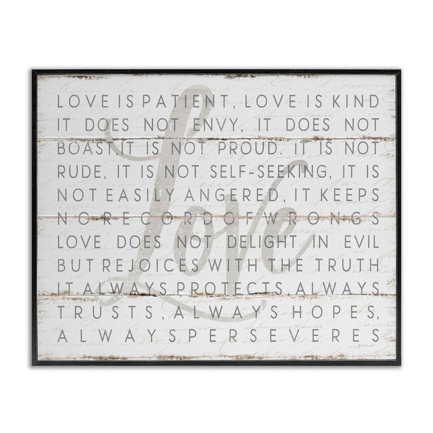 Stupell Industries 'Love Is Patient Grey on White Planked Look', Framed Giclee Art, Black, 14 x 11 Inches, Easy to Hang and Sturdy, Made in USA, by Jennifer Pugh