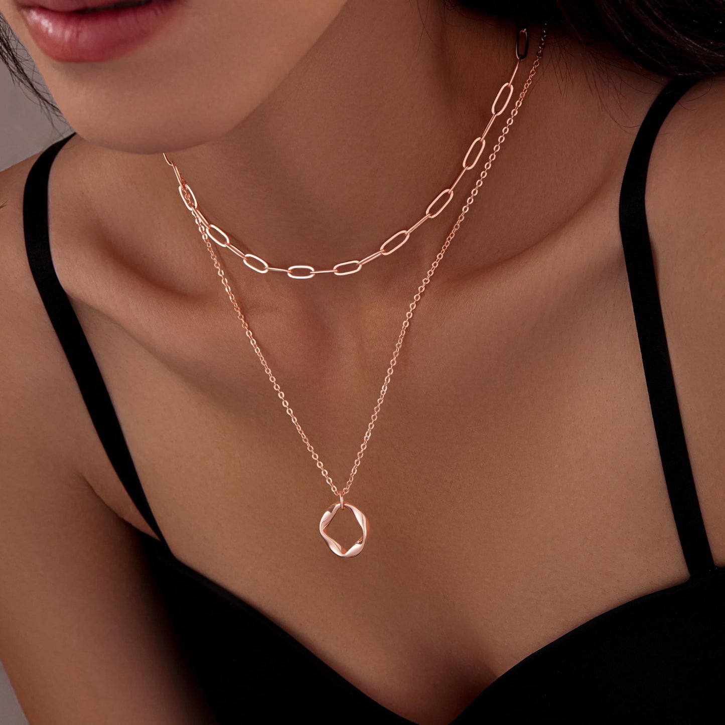 Poxtex Rose Gold Layered Necklaces for Women, Rose Gold Plated Dainty Stackable Choker Necklaces for Women, Trendy Layering Geometric Pendant Paperclip Chain Thin Necklace Jewelry Set Gifts