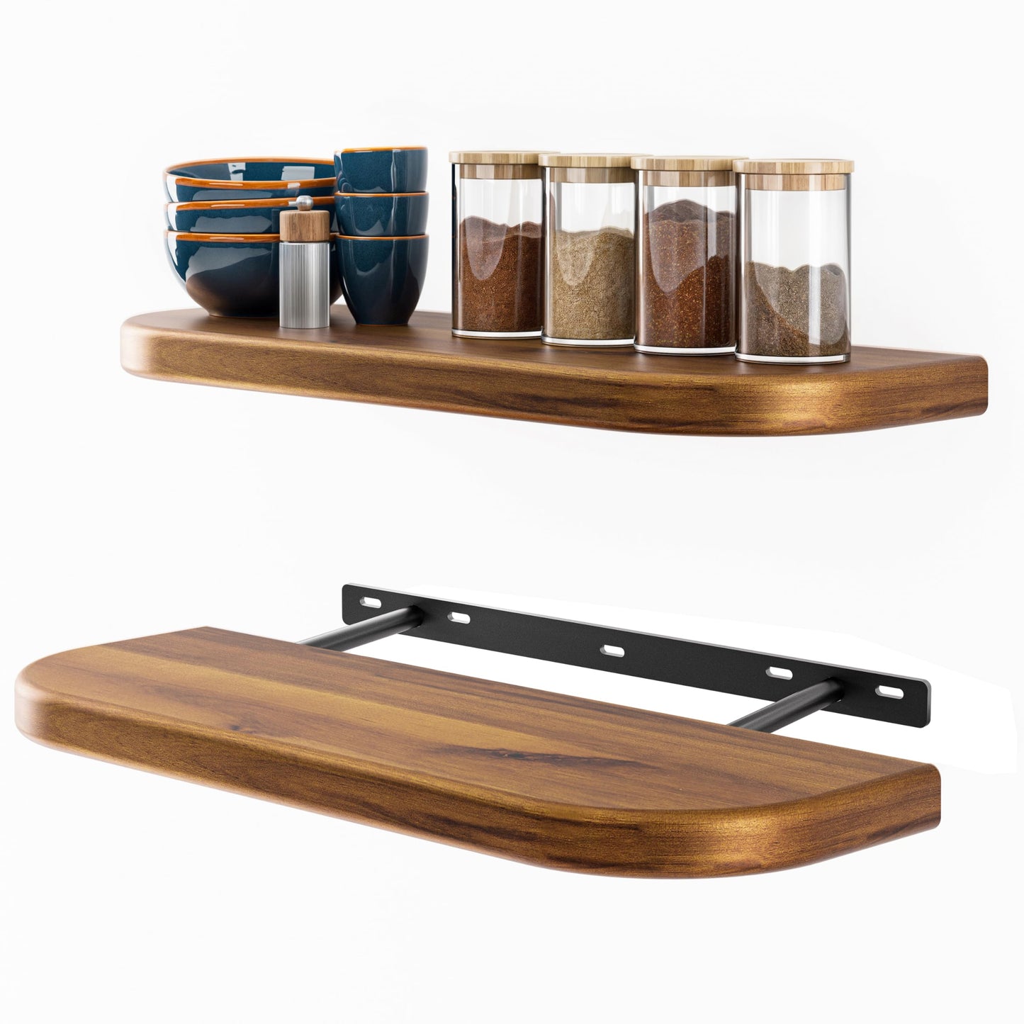 BATODA 17" Acacia Wood Floating Shelves Wall Mounted (Round Edge) – Rustic Farmhouse Wooden Wall Storage Shelf for Bedroom, Kitchen - Brackets and Shelving Hardware Included (Acacia Color)