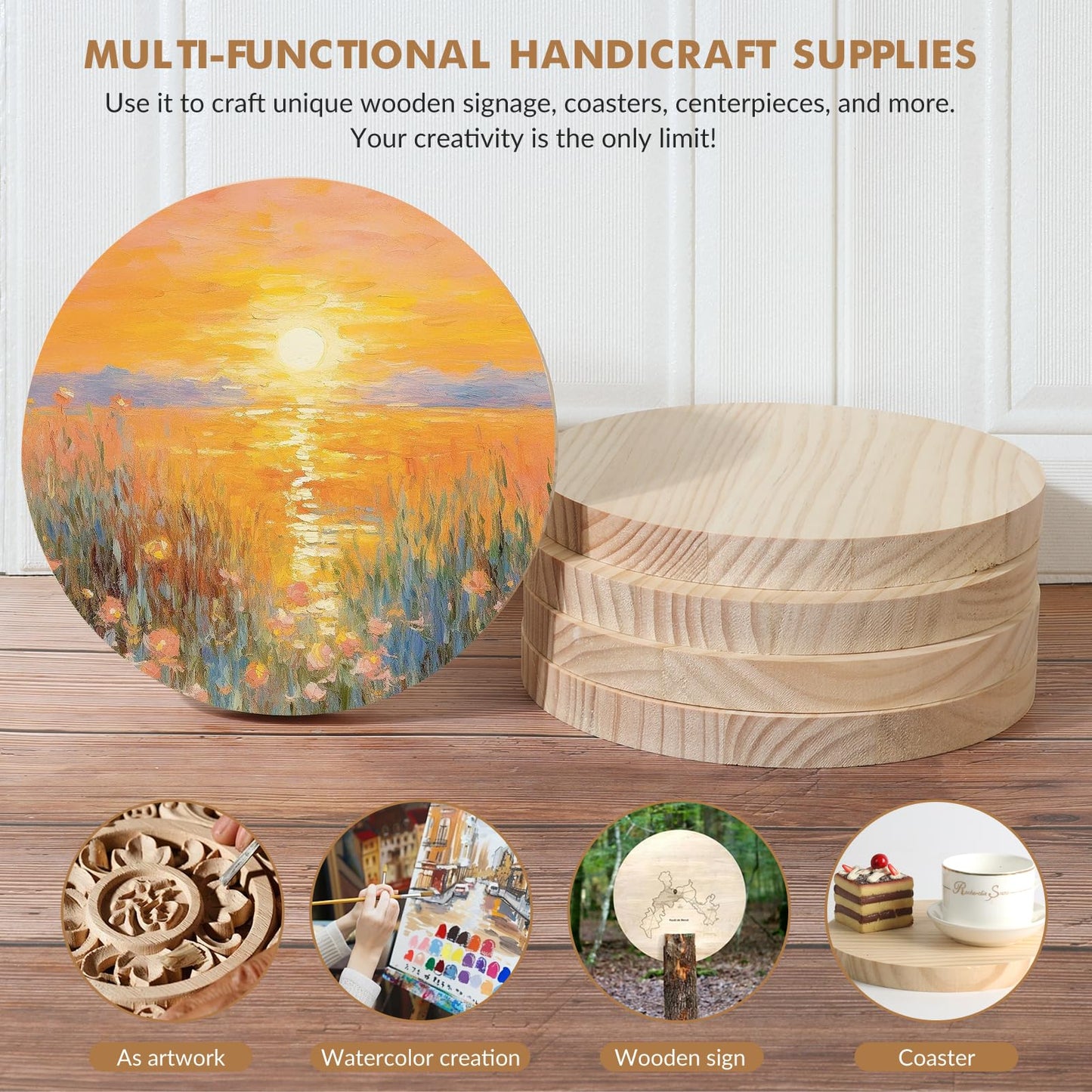 8 Pack 8 Inch Round Wooden Plaque, 3/4 Inch Thick Unfinished Wooden Circle Plaque, Natural Pine Wood Coaster Base for Craft Projects, Sign, Painting, Woodcarving, Engraving