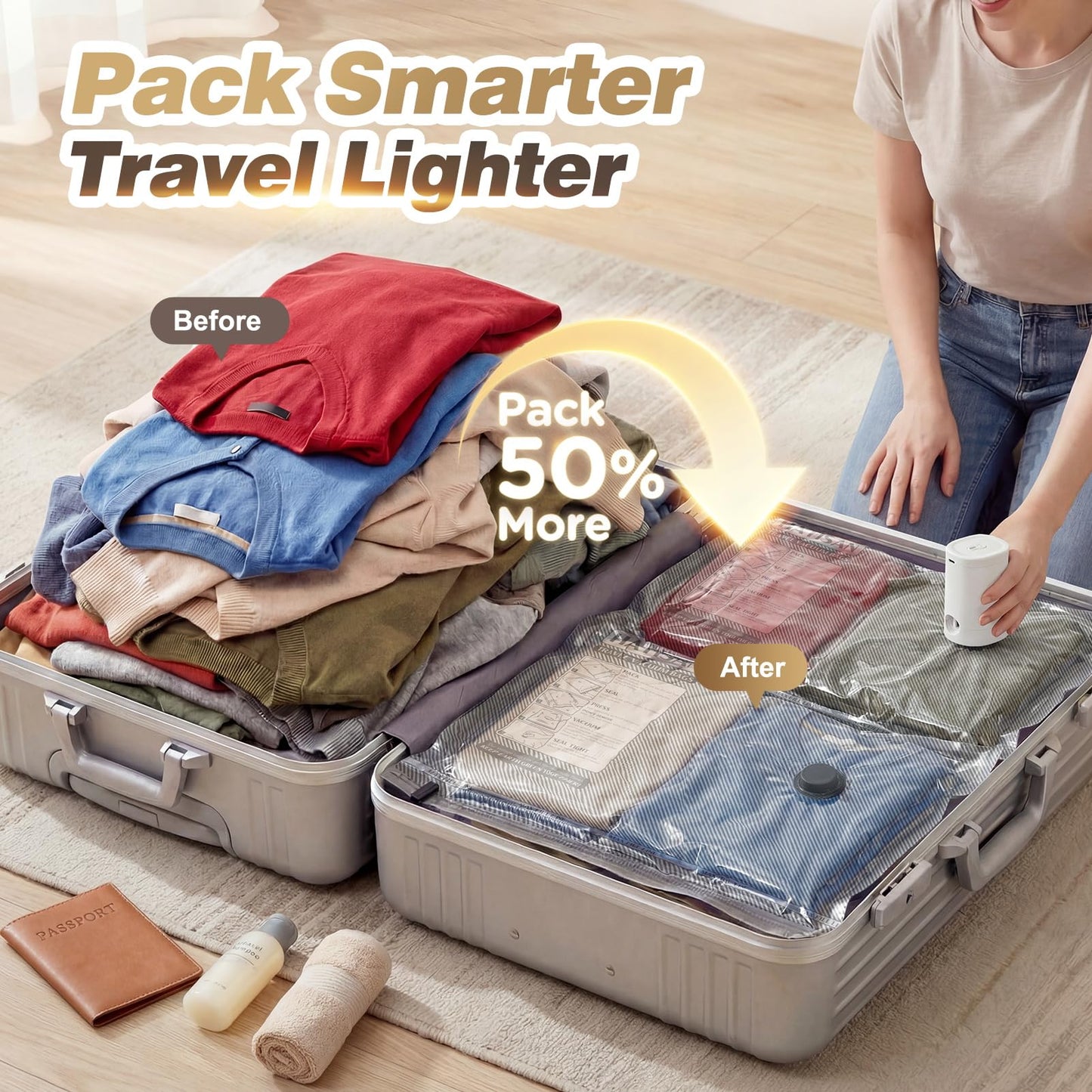 Vacuum Seal Bags for Clothing Travel with Rechargeable Electric Pump, Space Saver Vacuum Storage Bags Travel, Reusable Compression Bags for Luggage Home (14pcs Stripes)