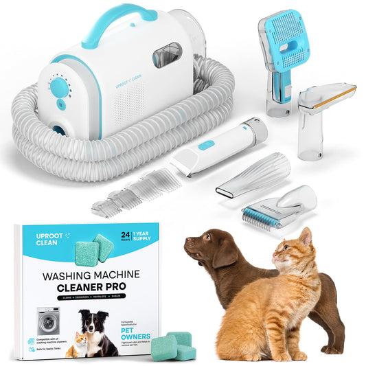 Uproot Clean Pet Grooming Vacuum Kit & Washing Machine Cleaner Tablets Bundle: Ultra-Quiet Cat & Dog Hair Vacuum Groomer - 7 Attachments - Washer Machine Cleaning Tablets for Grime, Odor, & Residue