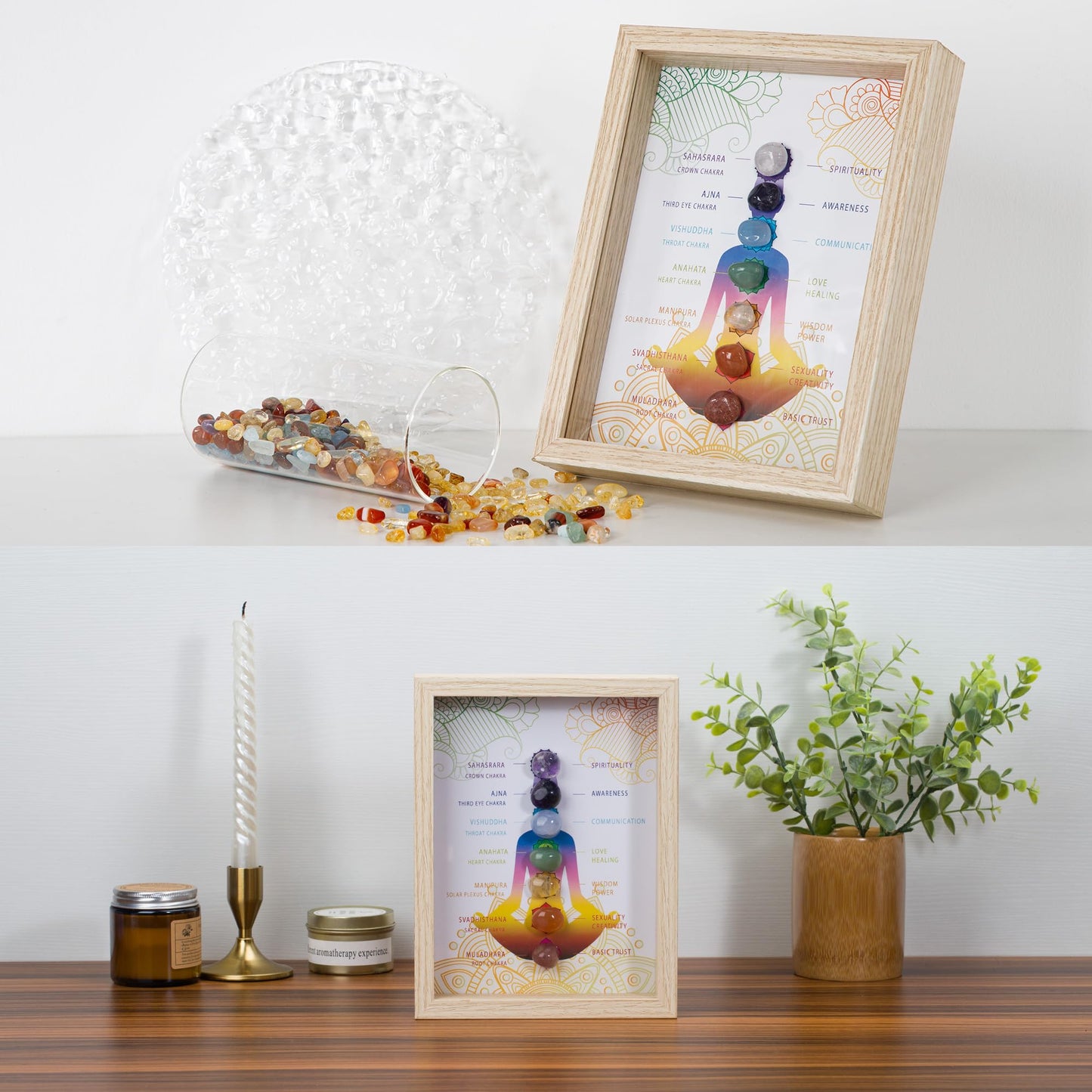 ZenBless Healing Crystal Stone 7 Chakras Healing Crystal Stones Picture Frame, Decorative Photo for Reiki Decor, Zen Meditation Yoga Spiritual Feng Shui Table or Hanging Home Wall Decor, Office Gift