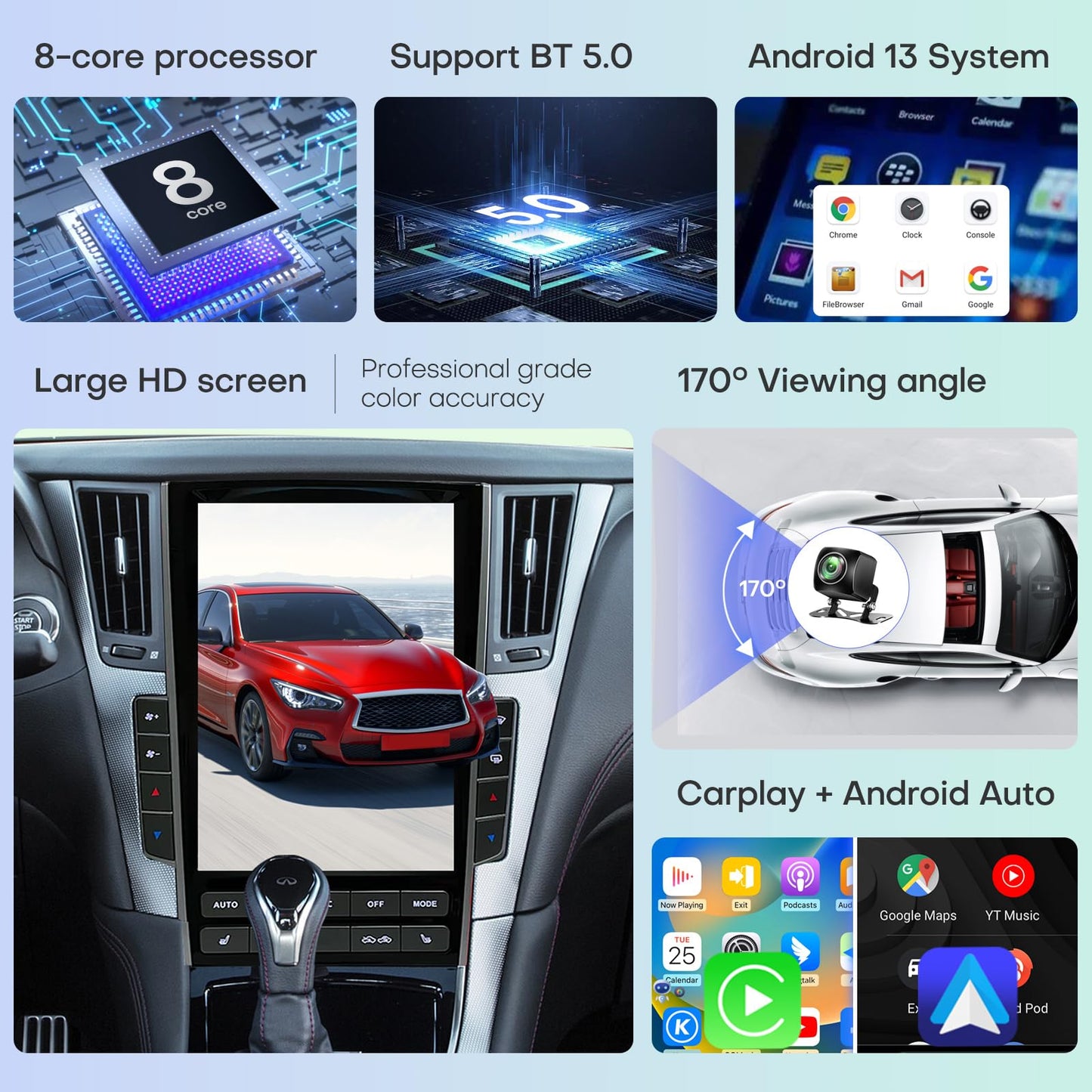 Car Radio for Infiniti Q50 Q50S Q60 Q60S 2013-2022 Replacement Stereo Carplay Upgrade 12.1" Display Screen Android Auto GPS Navigation Tesla Style with DSP Bluetooth in Dash Headunit