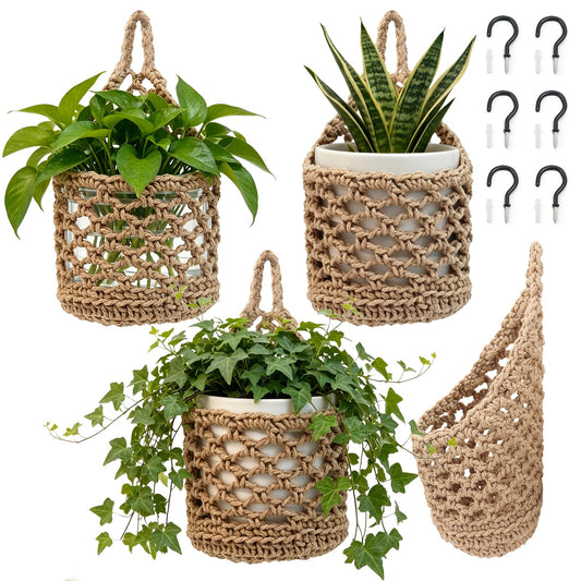 4-Pack 5-Inch Macrame Wall Plant Hangers, Natural Cotton Hanging Planter Baskets for Indoor Plants, Boho-Style Woven Plant Baskets for Walls, Small Hanging Pots for Succulents and Kitchen Storage