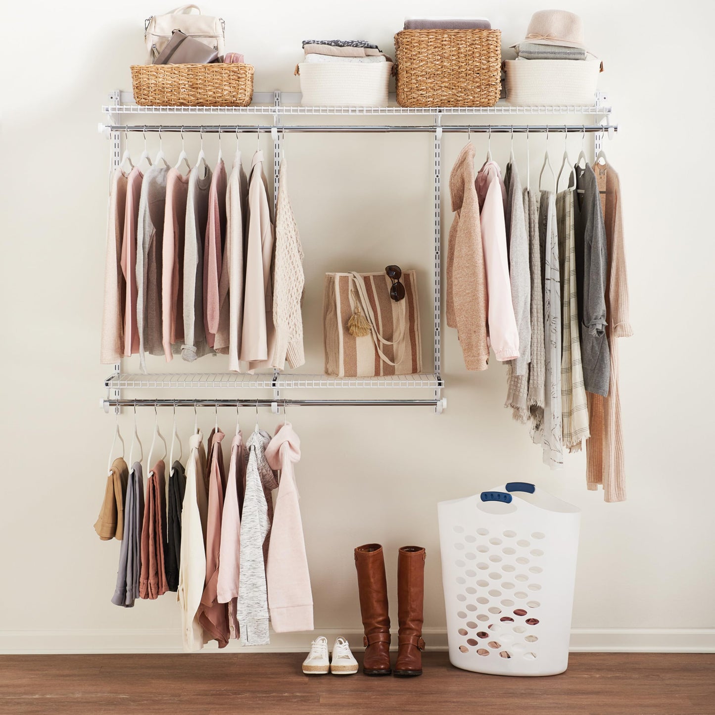 Rubbermaid Configurations Custom Closet Kit 3-6 Ft. Adjustable Metal Wire Shelving White Finish Expandable Organization System Hardware Included for Home Closet/Pantry/Laundry/Mudroom