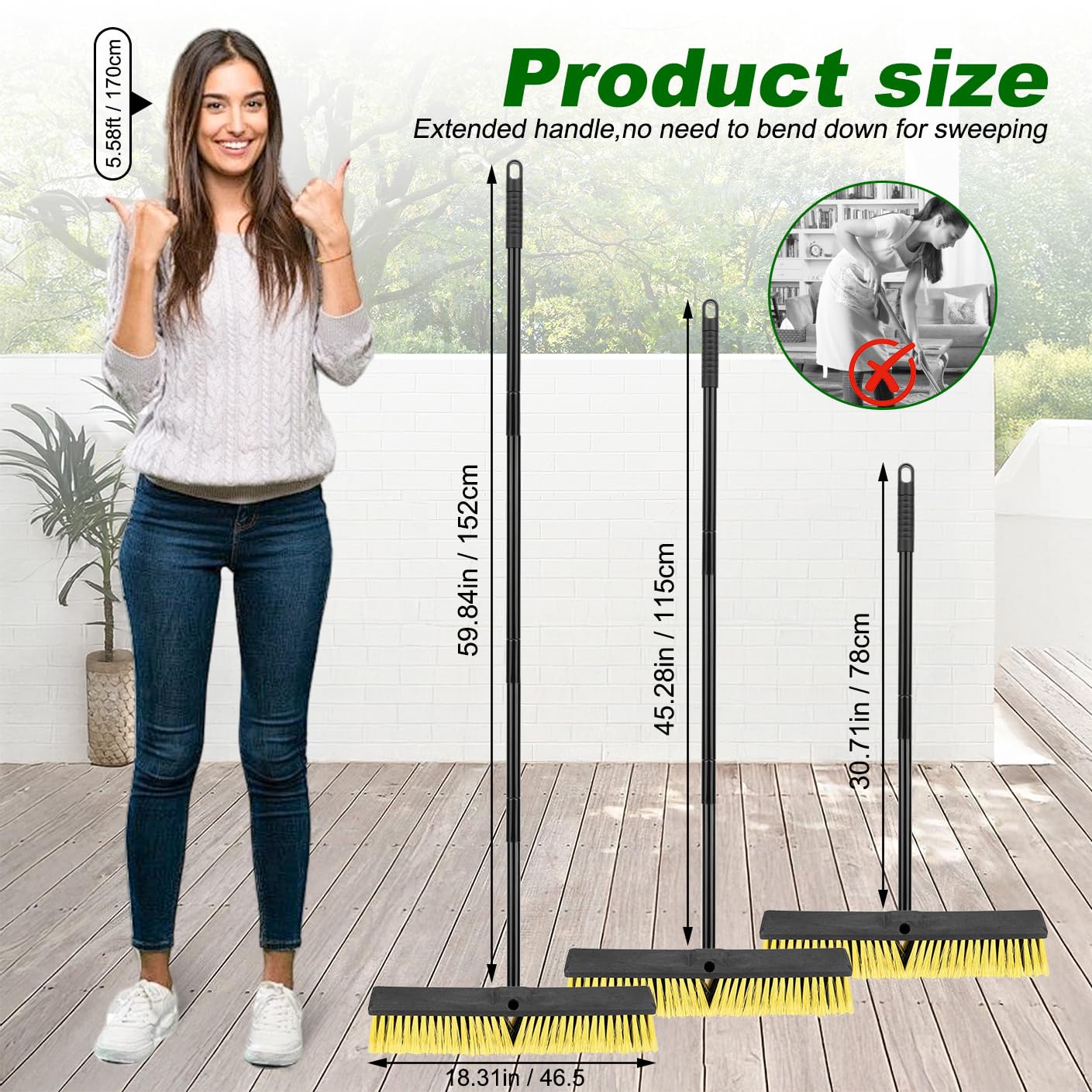18 Inches Push Broom Outdoor- Heavy Duty Commercial Broom with 64.5" Long Handle and Stiff Bristles for Patio Garage Deck Concrete Wood Stone Tile Driveway Yard Warehouse Shop Floor Cleaning
