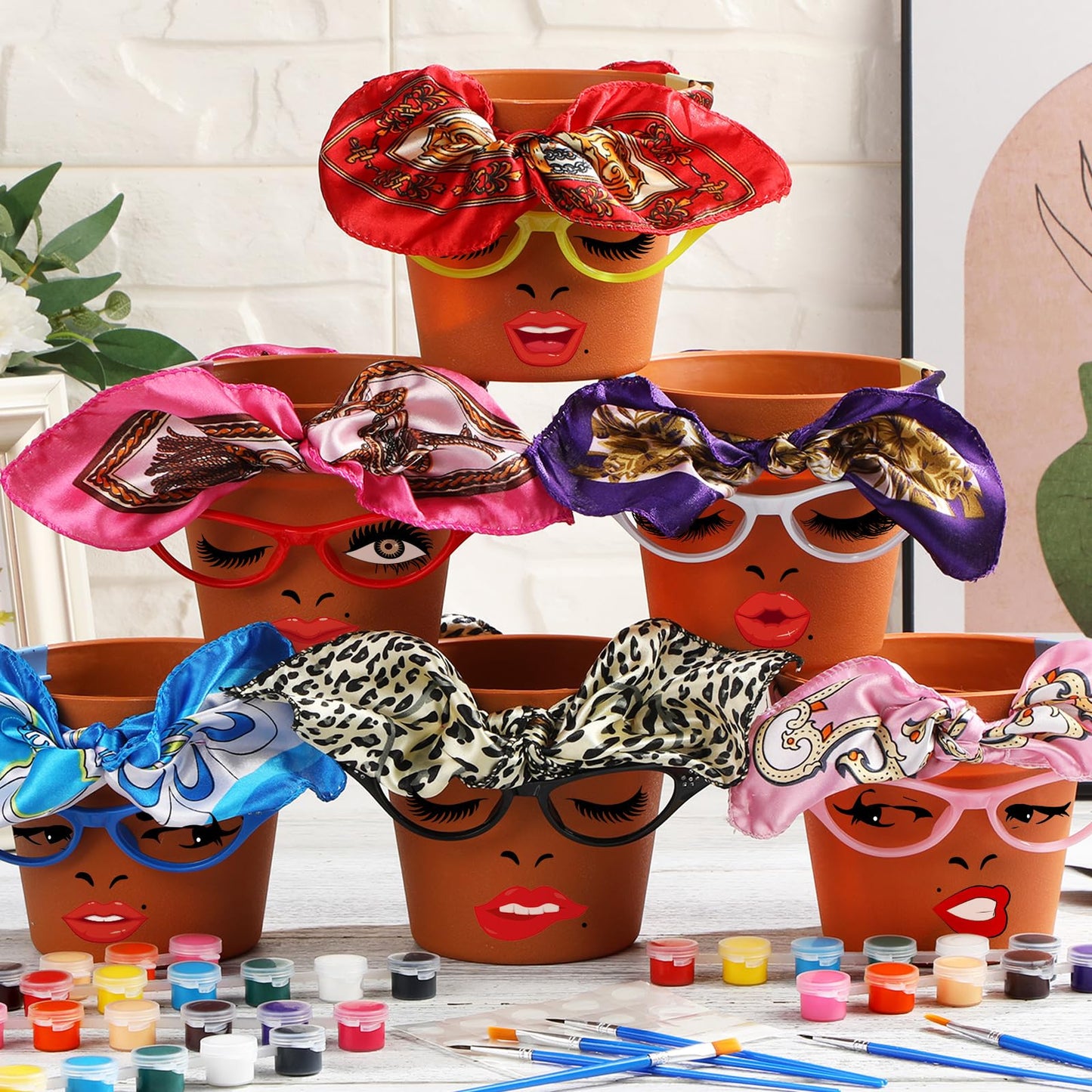 Sliner 6 Set Cute Face Flower Pot Head Planter Funny Plant Pots Painting Kit Include Glasses Silk Scarf Acrylic Paint Glasses Flower Sister Planter Adults Art Painting Spring DIY Crafts