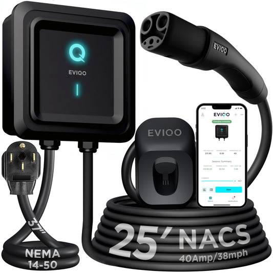 EVIQO NACS Charger for Tesla 40 Amp Plug-in Level 2 EV Charger w NEMA 14-50 Plug, Wall EV Charger Level 2, 25ft Cable, WiFi (2.4 GHz) Smart App - Weatherproof, Outdoor (IP66,NEMA 4) UL, ETL Certified