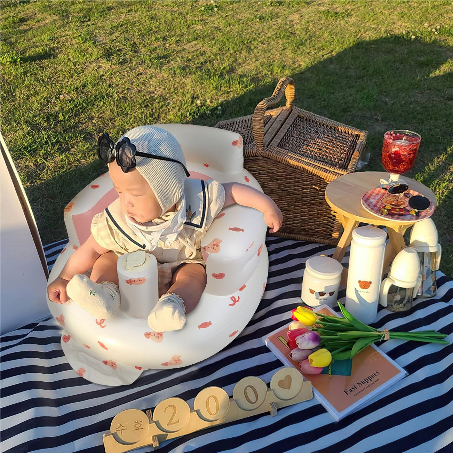 EKEPE Inflatable Baby Chair with Built in Air Pump, Sit me Up Floor Seat for Baby 3 Months & Up, Blow Up Baby Seats for Infants for Sitting Up - Bunny
