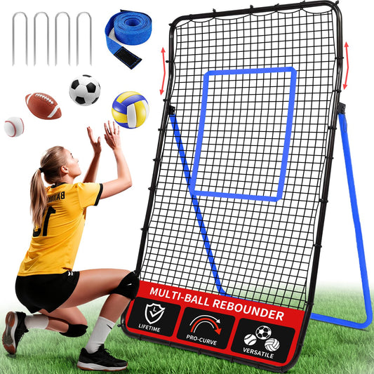 BAGAIL Volleyball Rebounder Net 7x4 Ft, Bounce Back Training Equipment with Unique Curved Frame for Better Catching, 5 Adjustable Angles for Volleying & Spiking, Easy Set Up & Sturdy Base - Blue