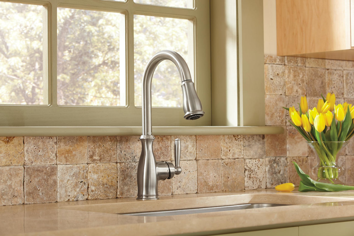 Moen Brantford Spot Resist Stainless Traditional One-Handle Kitchen Faucet with Pulldown Sprayer Featuring Power Boost and Reflex Docking System, 7185SRS