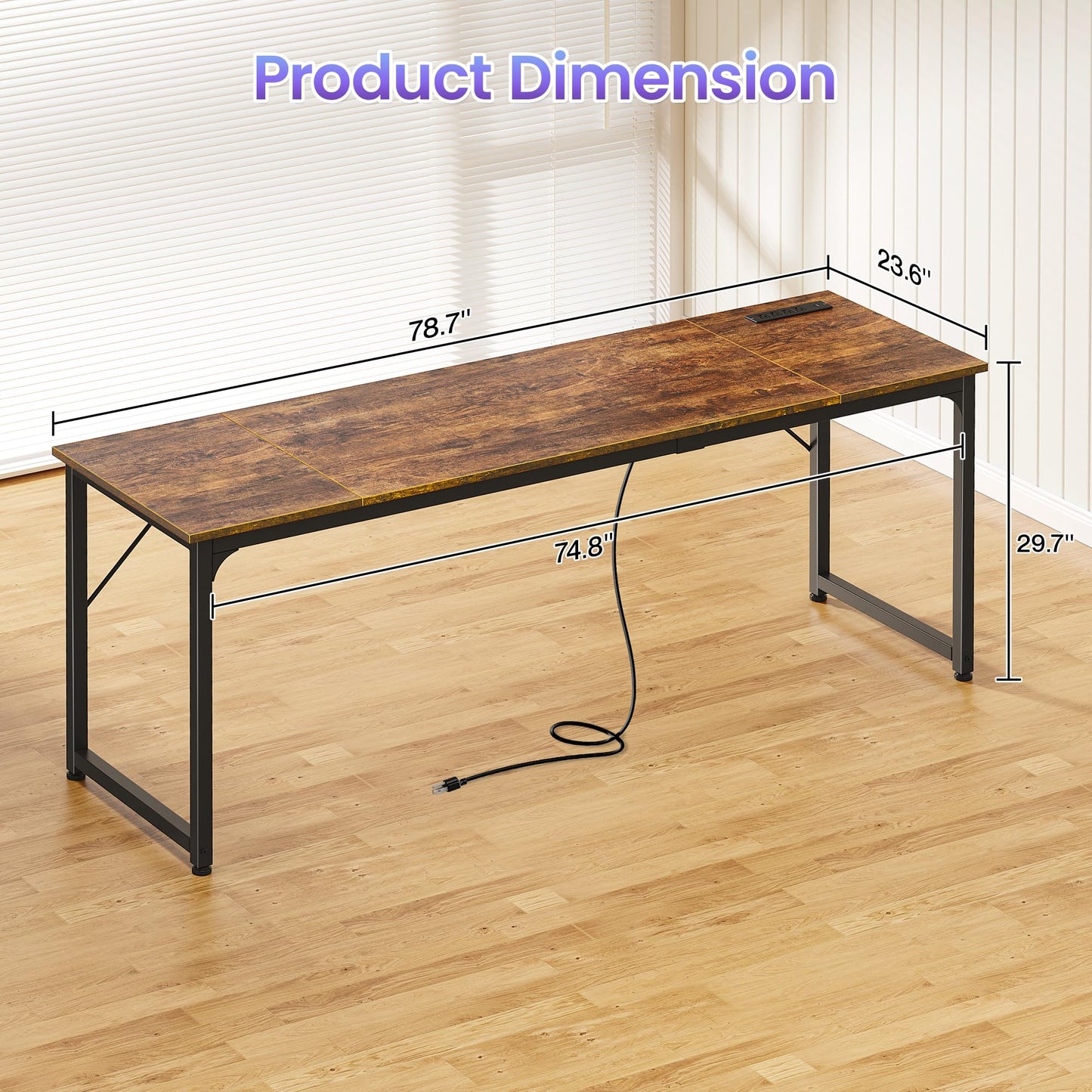 PRAISUN 80 X 24 Inch Office Computer Desk with Power Outlets and USB-C Port, Larger and Longer Gaming Desk, for Home Office, Study, Writing Work from Home Table, Metal Frame, Rustic Brown
