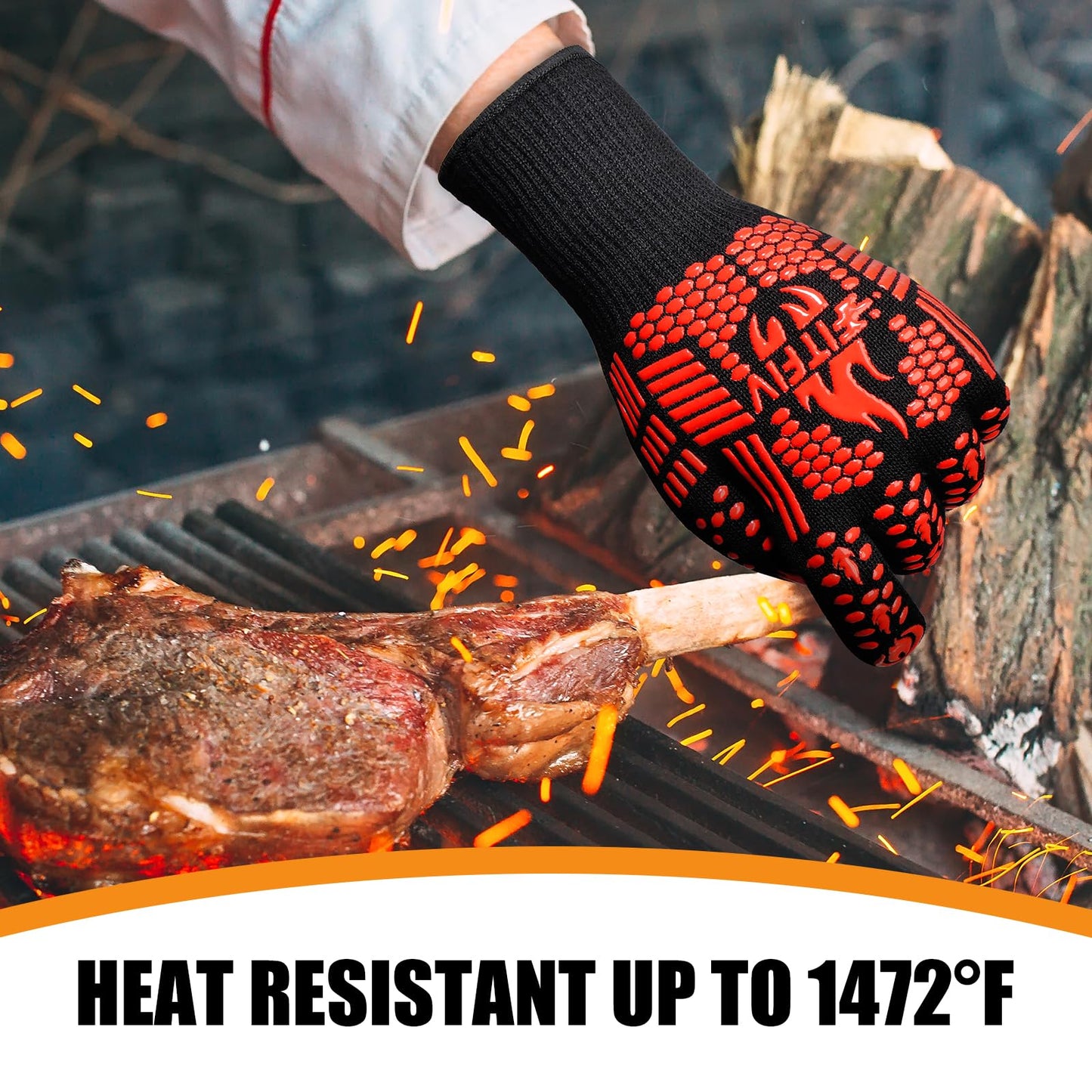 FITFIV BBQ Gloves, Oven Gloves, 1472°F Extreme Heat Resistant Barbecue Gloves, Silicone Non-Slip Oven Mitts, Kitchen for Cooking, Grilling, and Baking