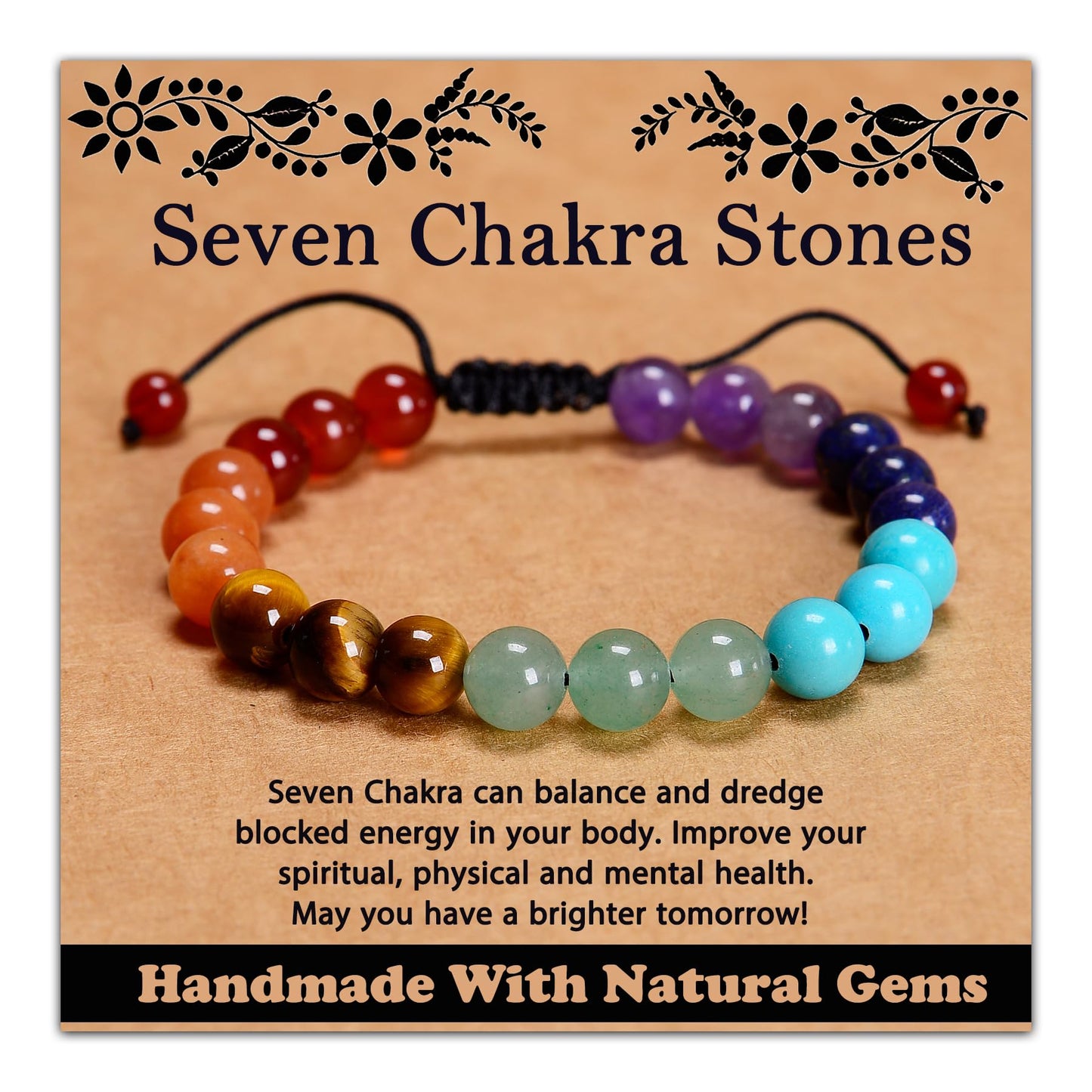 CHCCOYE 8mm Handmade Adjustable Natural Gemstone Crystal Bracelet Healing Power Energy Inspirational Gifts with Card for Unisex (Seven Chakra Stones)