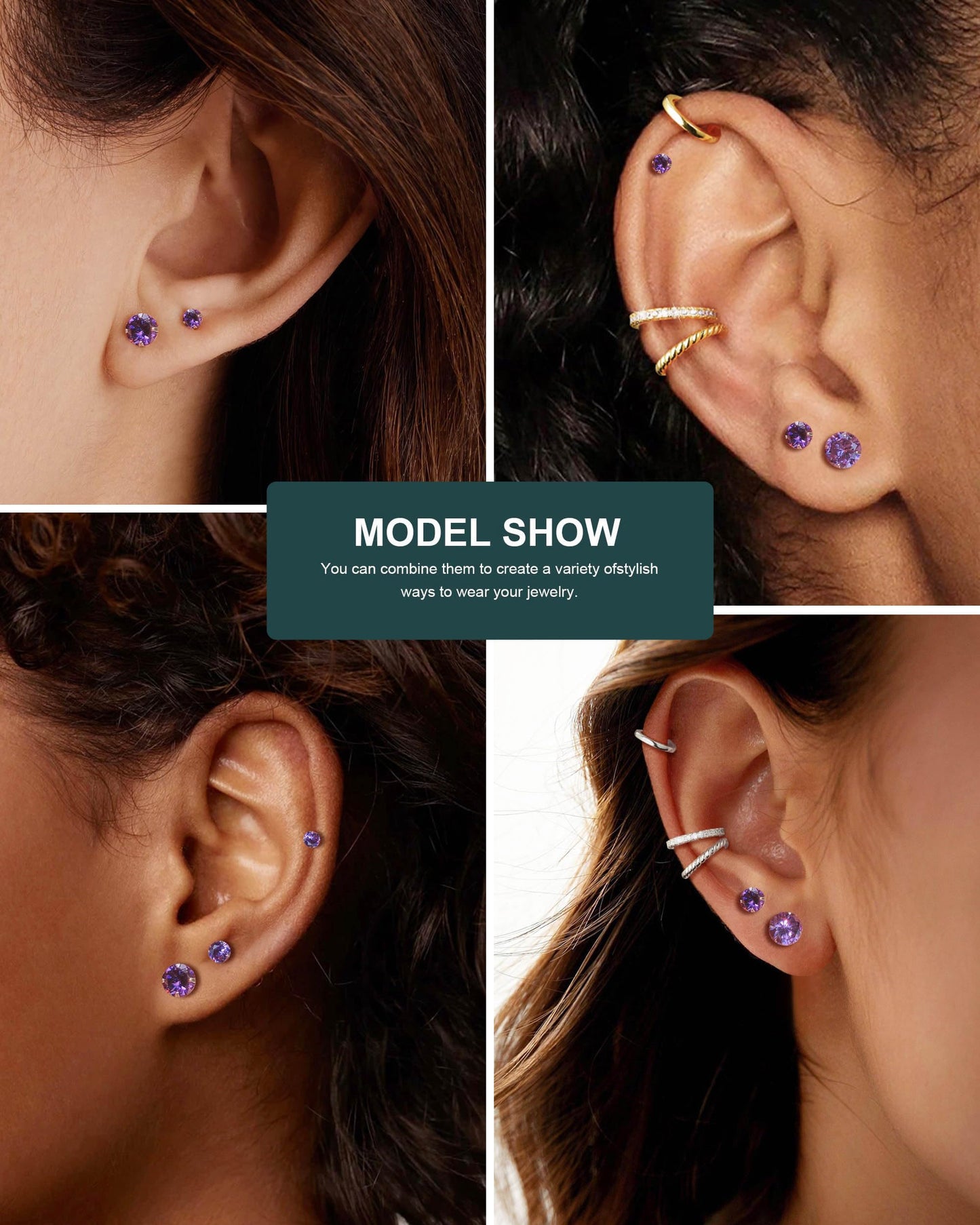6 Pairs Stud Earrings Set, Hypoallergenic Cubic Zirconia Earrings 316L Stainless Steel CZ Earrings 3-8mm (Purple CZ)