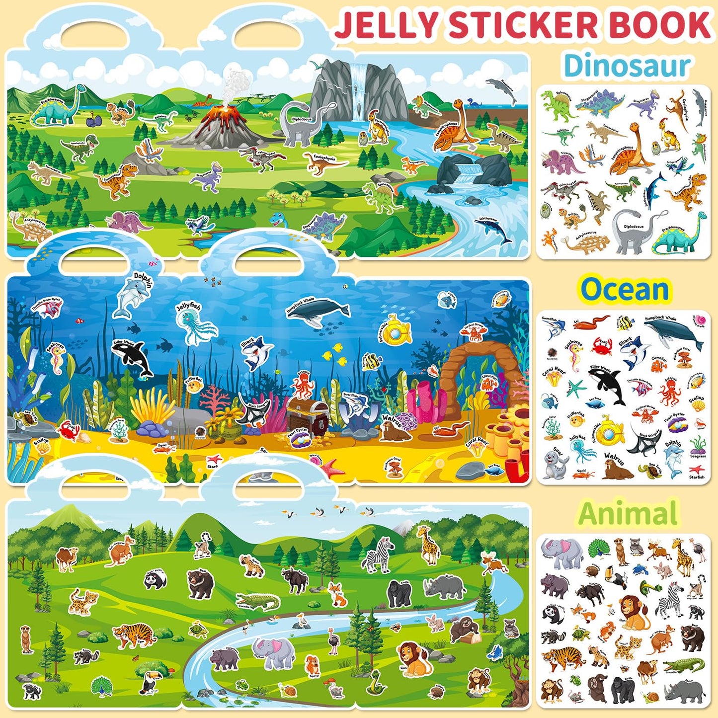 CREATIVETREES 6 Sets Reusable Sticker Book for Toddlers 3-6, Jelly Sticker Books for Toddler, Travel Sticker Activity Toys for Kids 3 4 5 6 Years Old Girls & Boys