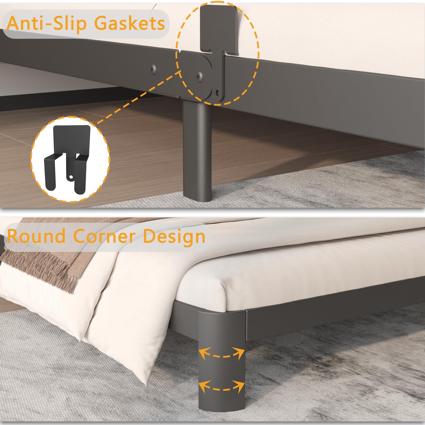 HQU 6 Inch Twin Size Bed Frame with Metal Gaskets, No Box Spring Needed, DIY Headboard, Heavy Duty Steel Slat Support, Anti-Slip Mattress Stopper, Round Corner Leg, Easy Assembly, Black