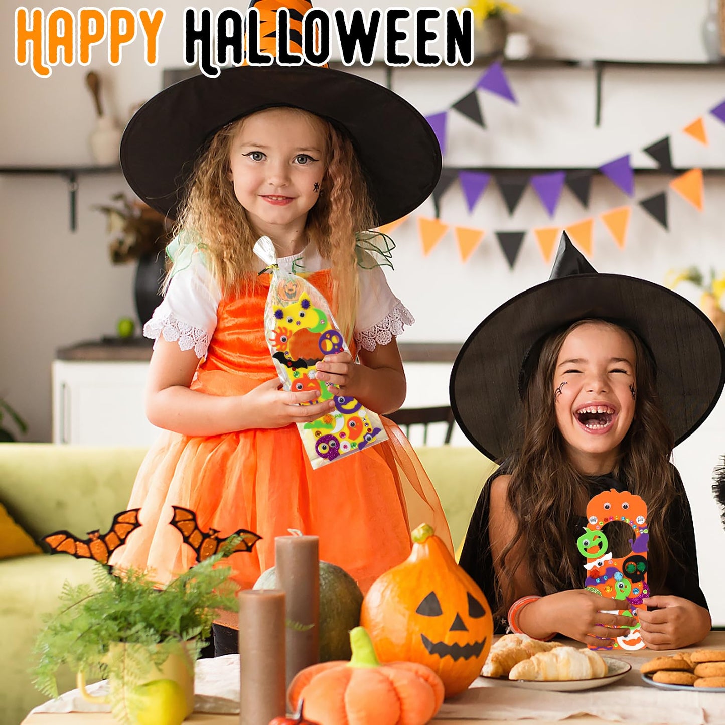 24 Set Halloween Craft Kits, DIY Halloween Doorknob Hanger Decorations Fall Arts & Crafts Supplies, Halloween Pumpkin Bat Ghost Monster Foam Stickers for Classroom Party Favors Activities