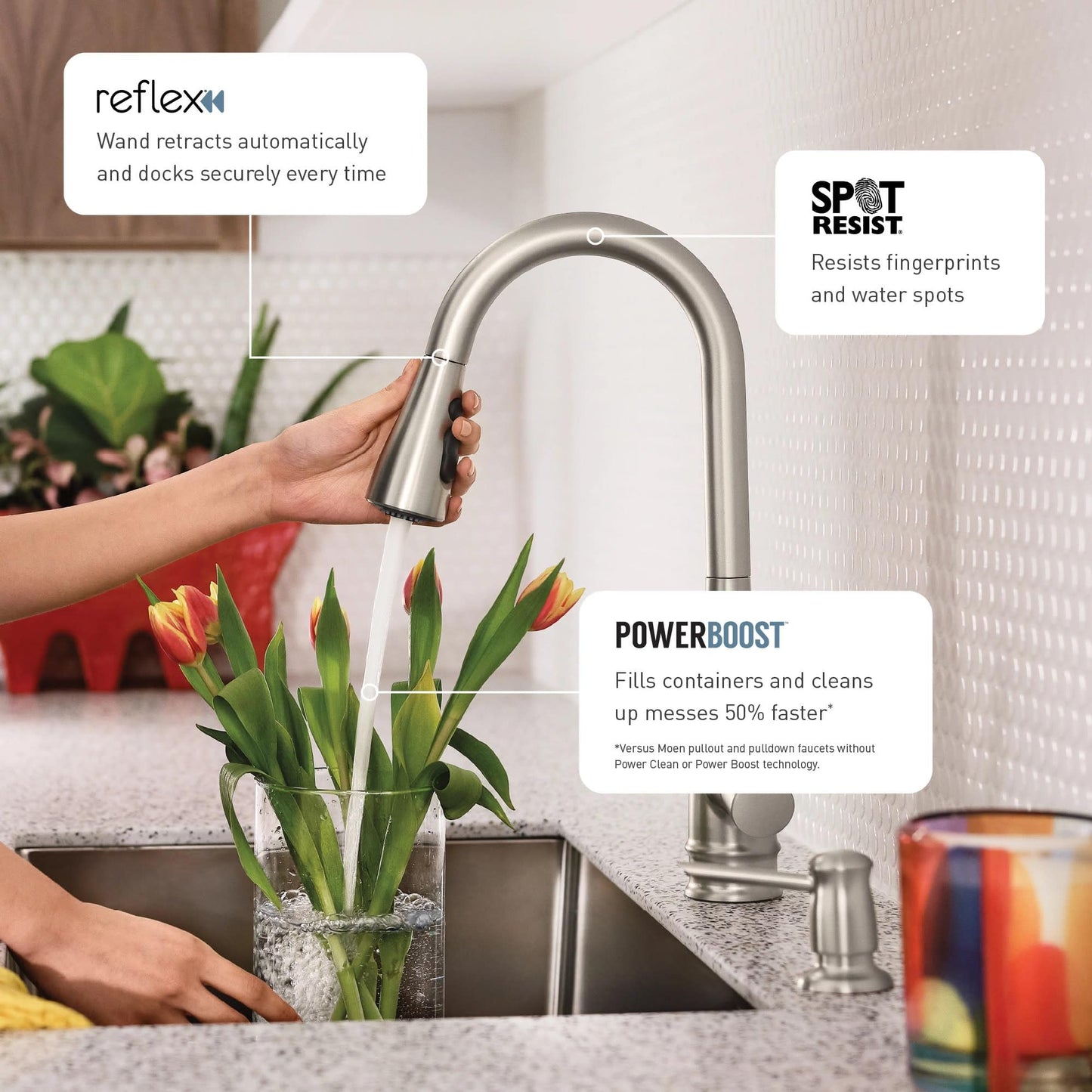 Moen Brantford Spot Resist Stainless Traditional One-Handle Kitchen Faucet with Pulldown Sprayer Featuring Power Boost and Reflex Docking System, 7185SRS