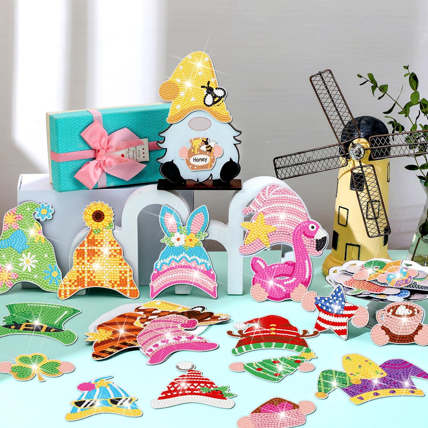 DoubleFill 42 Pcs Summer Diamond Kits 4th of July Interchangeable Wooden Table Decorations DIY Summer Holiday Party Seasonal Tiered Tray Art Decor Diamond Painting Magnets(Gnome)