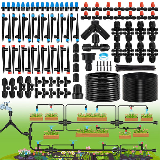 300FT Drip Irrigation System Kits - Automatic Garden Watering Sprinkler with 1/2 & 1/4 inch Tubing Hose Patio Misting Plant Irrigation Water Equipment Quick Connector for Greenhouse Flower Beds Lawn