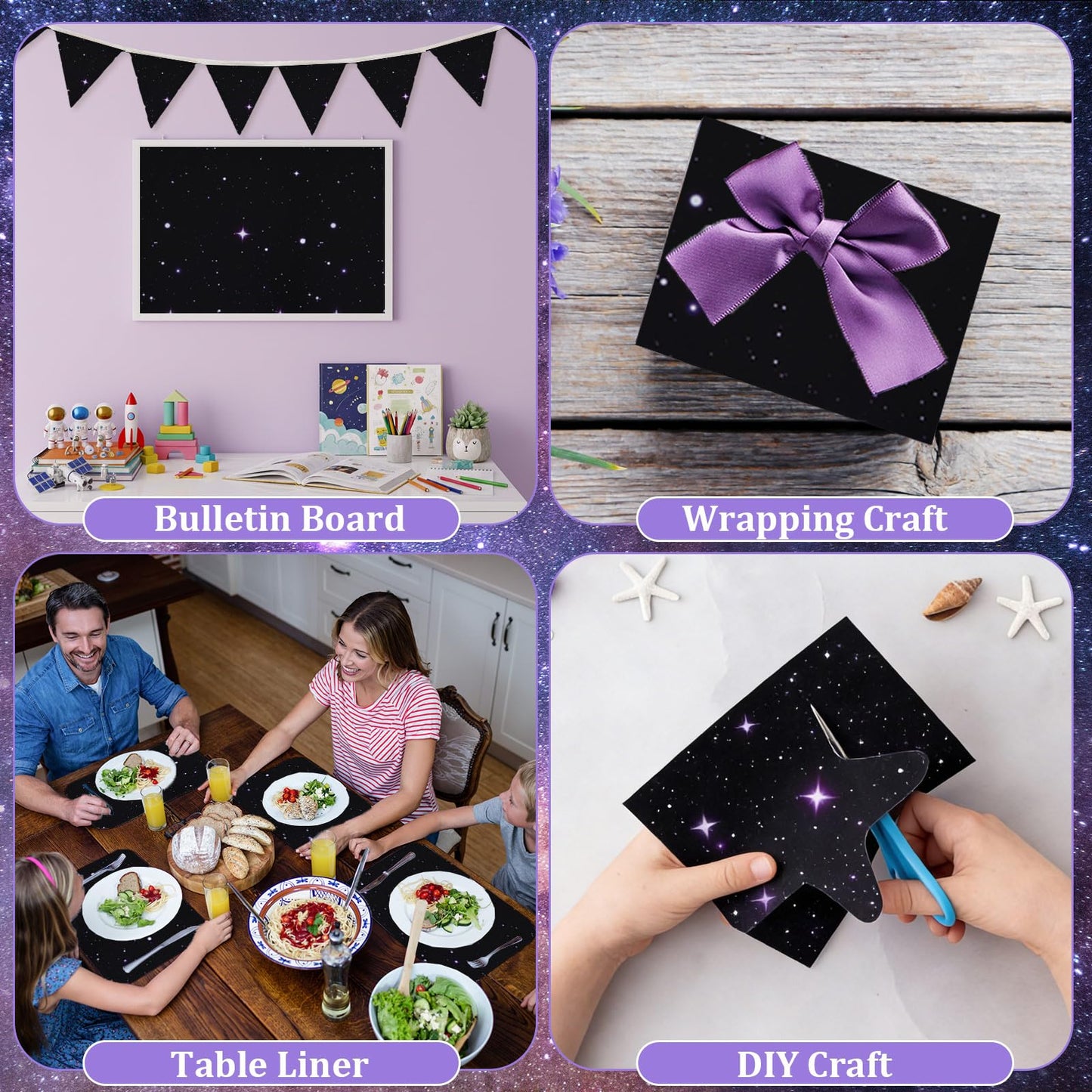 2 Rolls Starry Bulletin Board Paper Roll Non-Woven Bulletin Board Background Reusable Waterproof Poster Fade Resistant Black Purple Poster for Classroom Decor Wrapping Crafts Supplies 15.6 in x 12 Ft