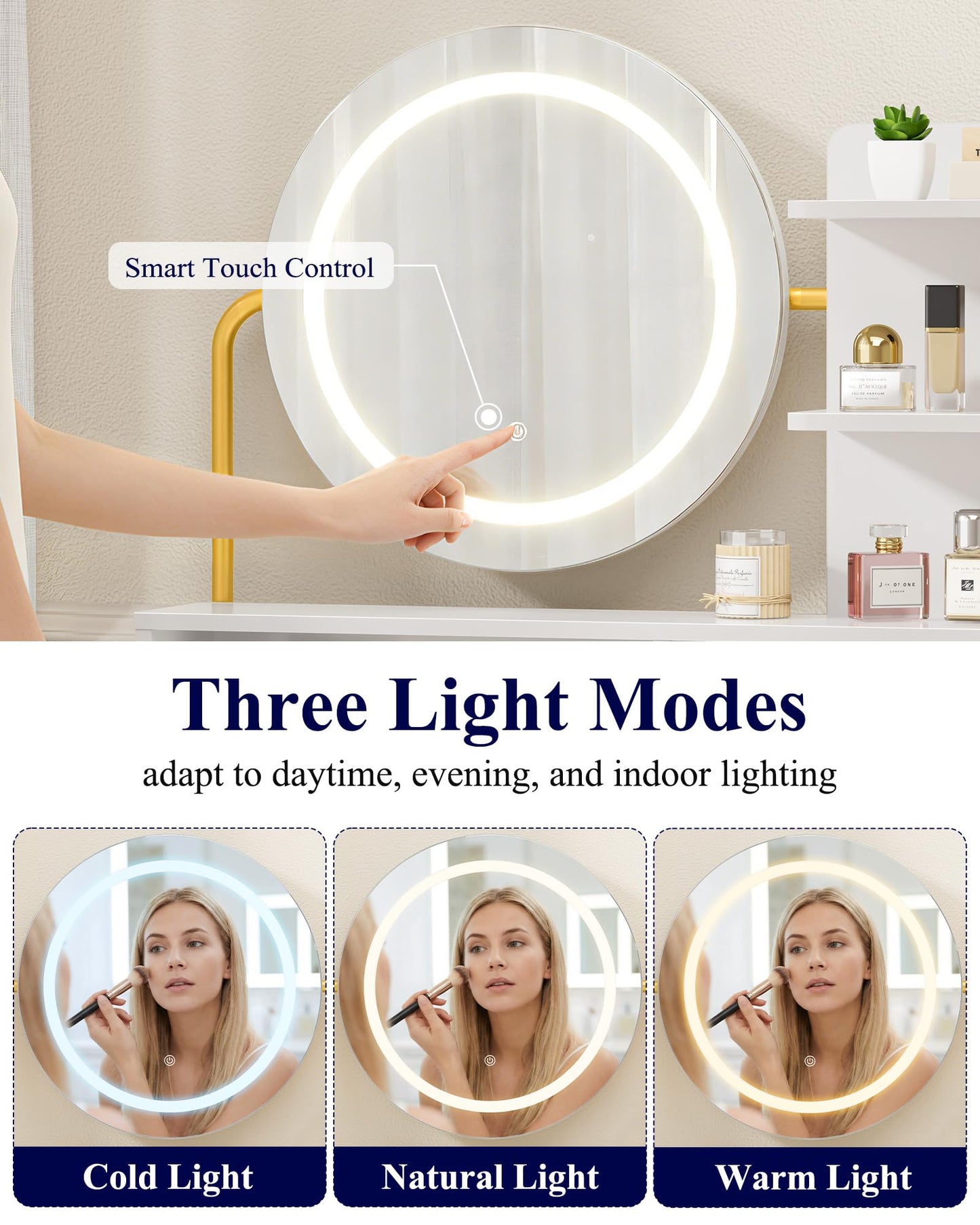 Kitsure Vanity Desk with Mirror and Lights - 3 Mode Lighted Makeup Vanity for Girls, Anti-Tipping Small Vanity with Chair for Bedrooms, Dressing Rooms, Walk-in Closet, Gold, 31.5" x 17.7" x 50.6"