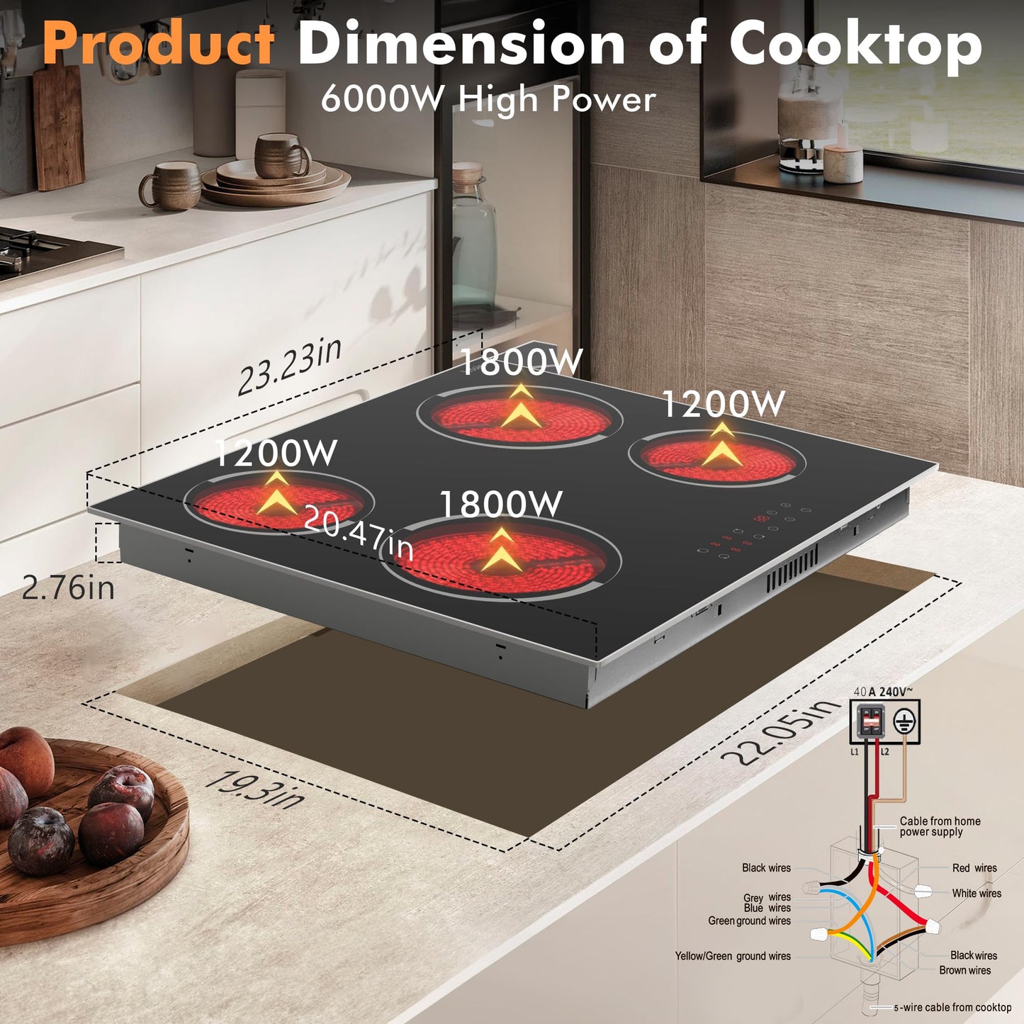 Jessier Electric Cooktop 24 Inch - 4 Burner Drop-in(22.05"x19.3") Electric Ceramic Cooktop, Electric Stove Top with Glass Protection Metal Frame, 9 Heating Level, 6000W, 220V Hard Wire(No Plug)