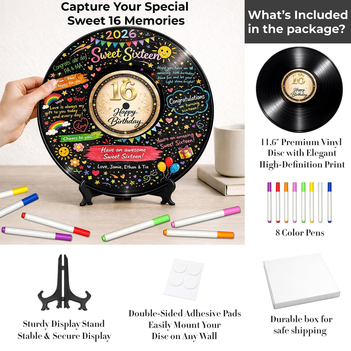 Sweet 16 Party Decorations for Girls and Boys, 11.6 Inch Vinyl Record Guest Book Alternative, 16th Birthday Signature Board with Stand and Pens, 16th Birthday Gifts for Boys Girls