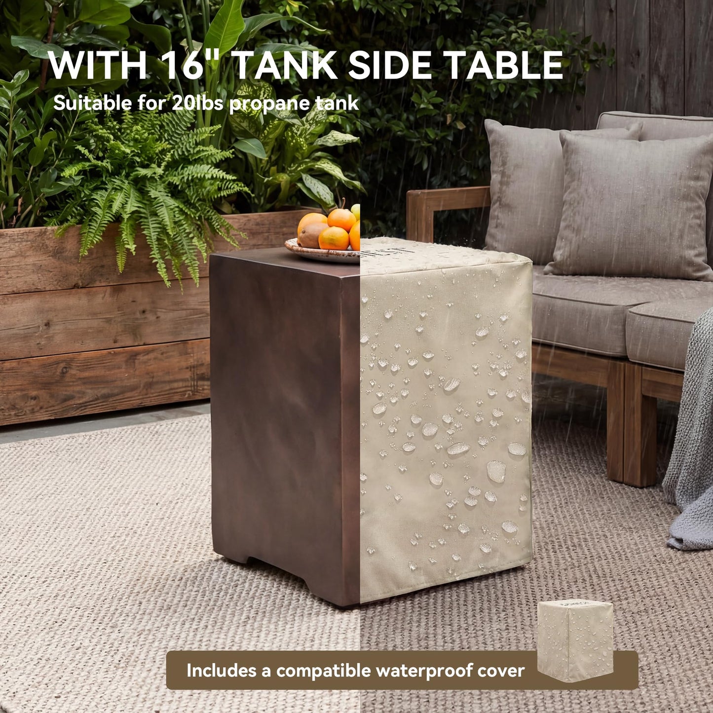 COSIEST 2-Piece Outdoor Propane Fire Table Set, Rectangle Concrete 56" x 28" Bronze Fire Pit (Certified, 50,000 BTU) w 20lb Tank Table, Wind Guard, Waterproof Cover for Garden, Porch, Backyard
