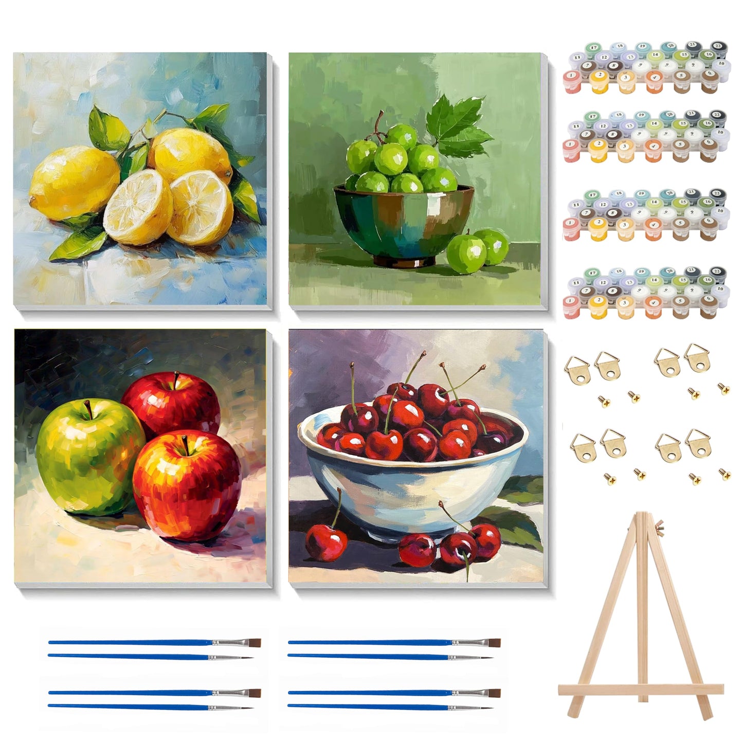 Ycydilirab 4 Pack Fruit Paint by Numbers Kit for Adults with Framed Wooden Easel - Fruit Adult Paint by Number,Paint by Number Canvas for Adults Gifts Home Wall Decor 8×8 inch