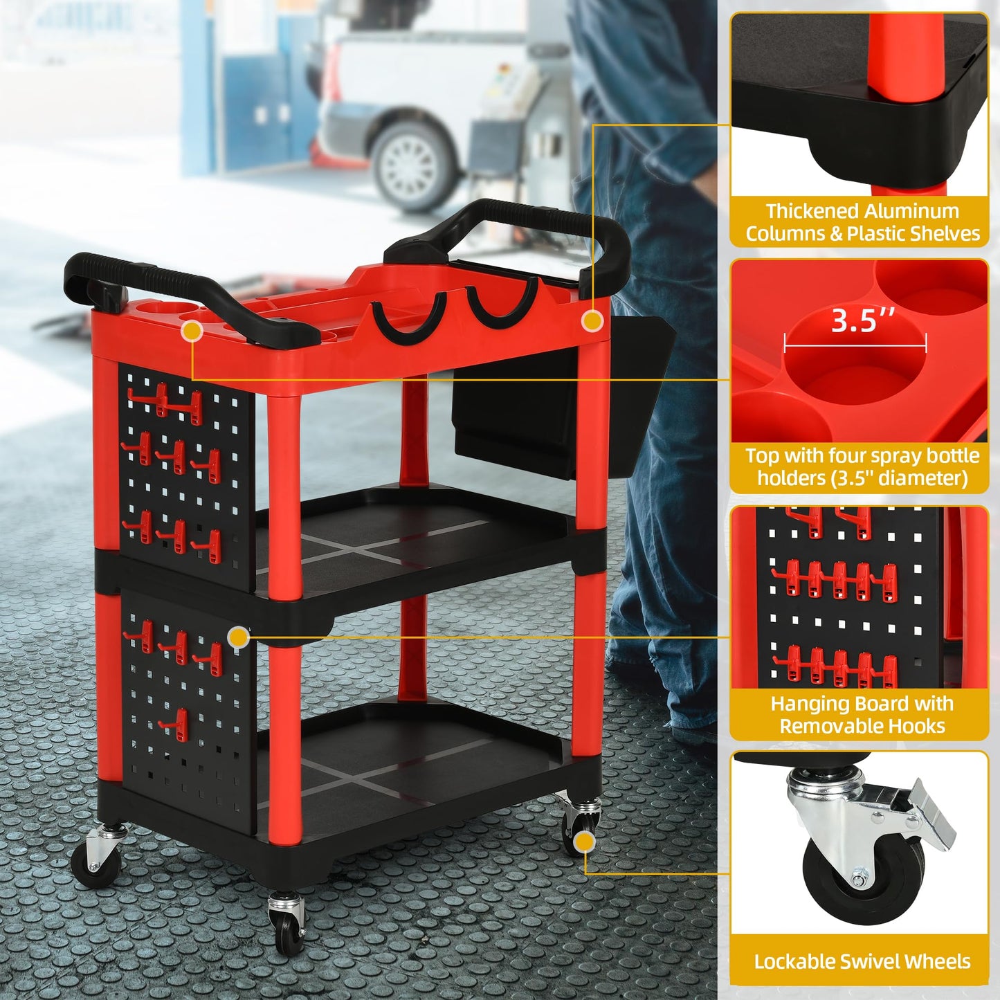 DWVO Auto Detailing Cart with Wheels, 3-Tier Rolling Tool Organizer with 2 Polisher Brackets, 17" D x 32" W Car Wash Utility Cart with Hooks & Hanging Bucket for Garage, Workshop, DIY Home