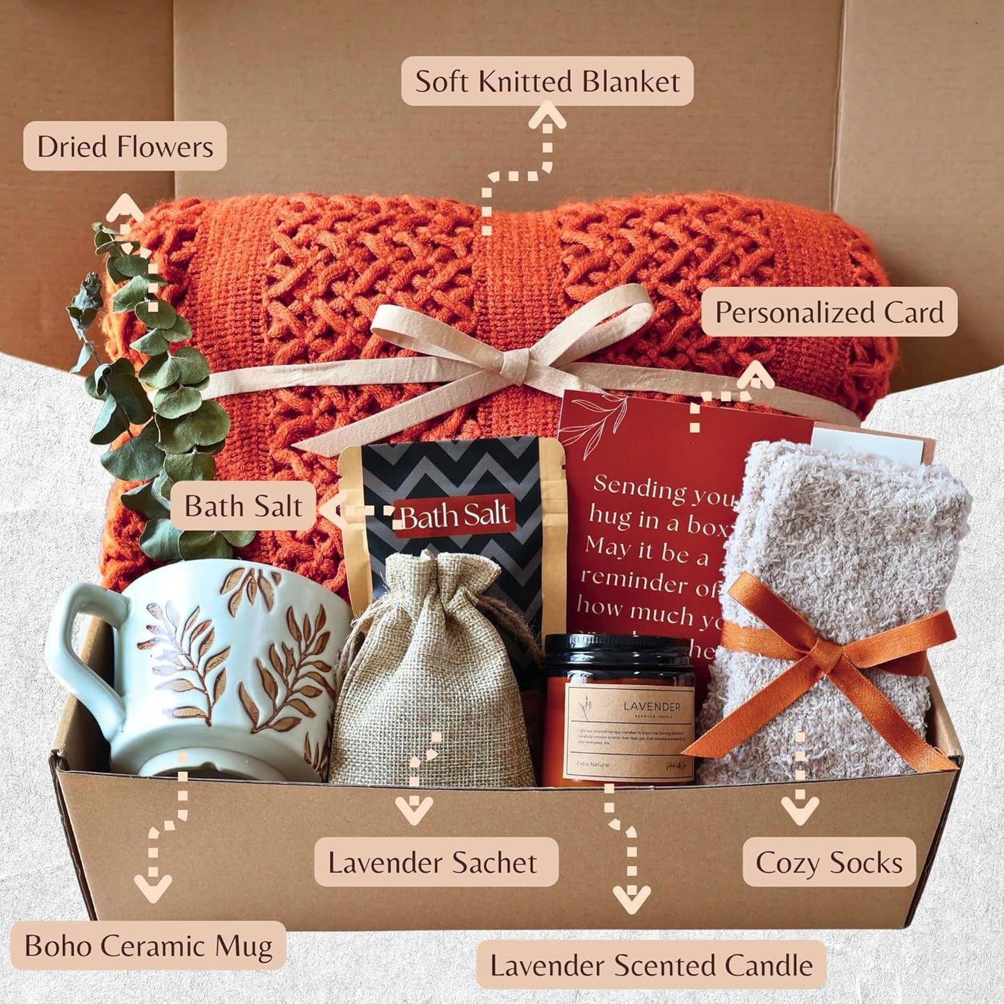 Get Well Soon Gift Baskets for Women – Care Package for Women After Surgery, Thinking of You Gifts, Birthday Basket, Self Care Gift Box, Comfort Hug in a Box (Burnt Orange)