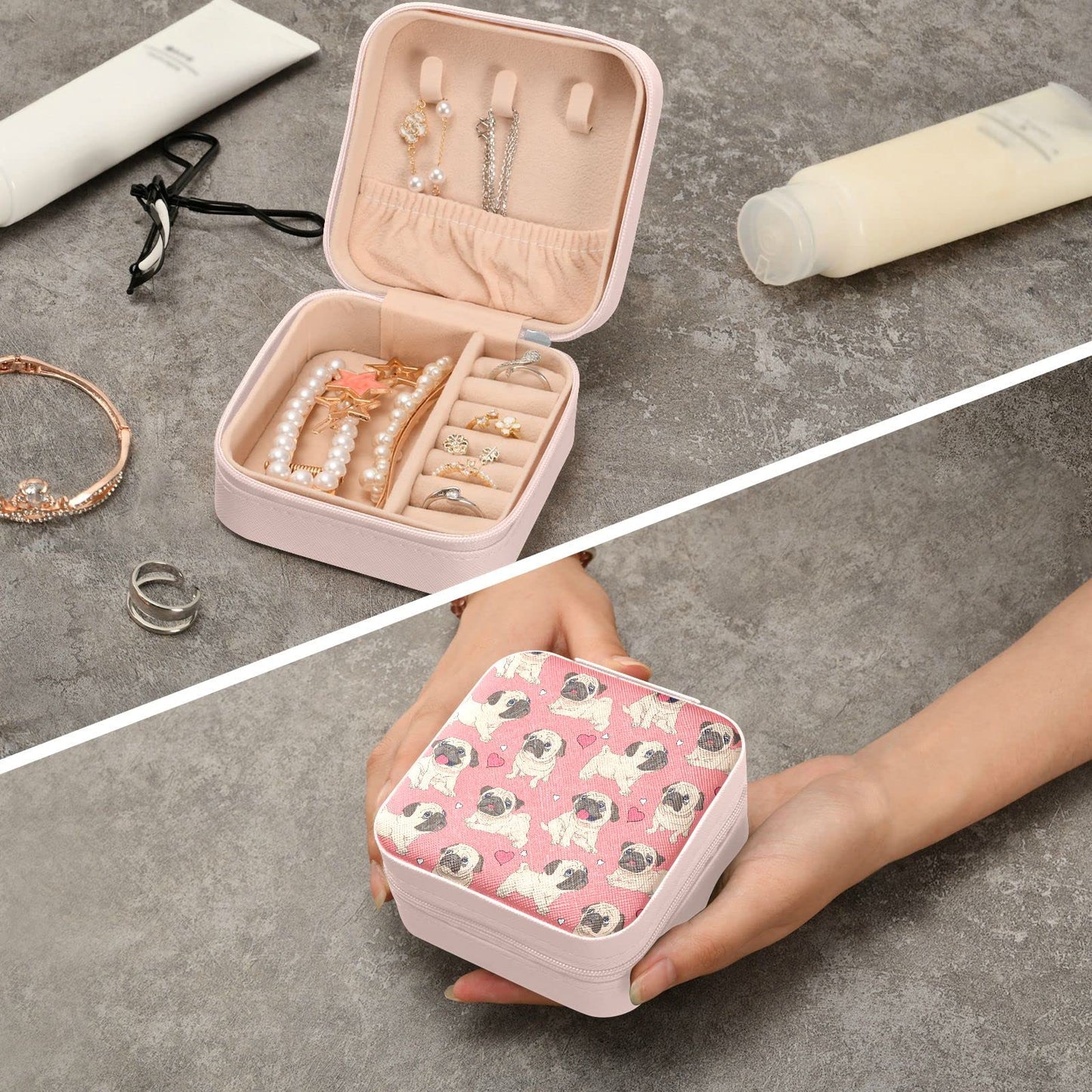 ZZKKO Funny Cartoon Pug Puppy Small Jewelry Box Travel Jewelry Case Leather Jewelry Travel Organizer Mini Portable Storage Boxes for Womens Rings Necklaces Gifts Pink