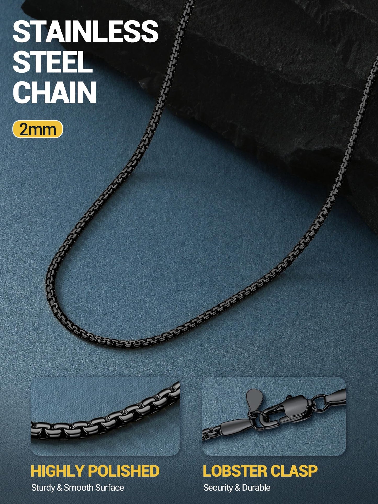 PROSTEEL Black Chain Necklace 2mm Black Necklace Chain No Tarnish & Durable Mens Jewelry 22inch
