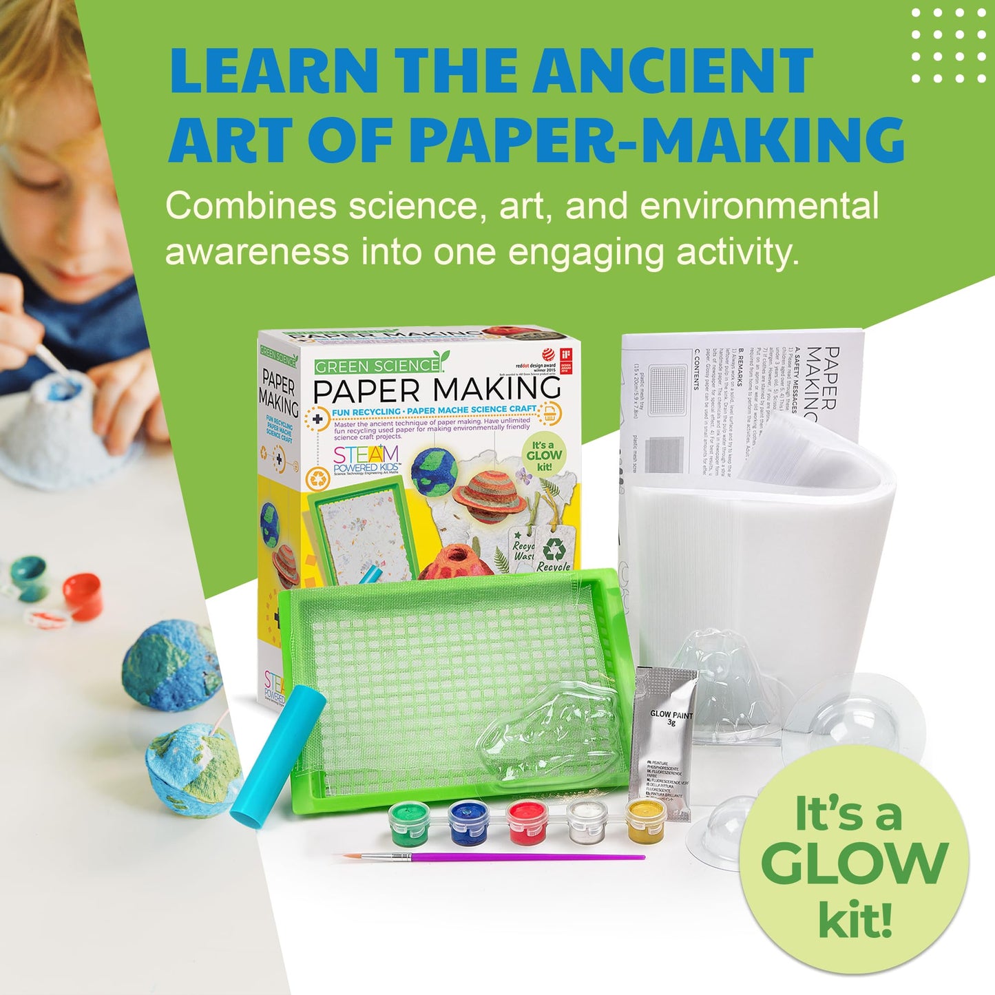 Earth Day Green Science - Paper Making Kit - Recycle and Create Your Own - Paper Making Screen - Green DIY Craft Stem Toys Kit for Kids - Includes Molds, Paints, and Glow-in-the-Dark Features