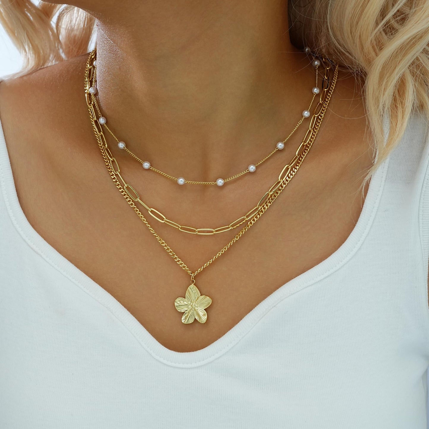 YEEZII Layered Gold Necklaces for Women Trendy, 3 Pcs 14K Gold Plated Choker Paperclip Box Chain Necklace, Stackable Women's Gold Pendant Necklaces Jewelry Set (Gold-3 Pcs-Flower)
