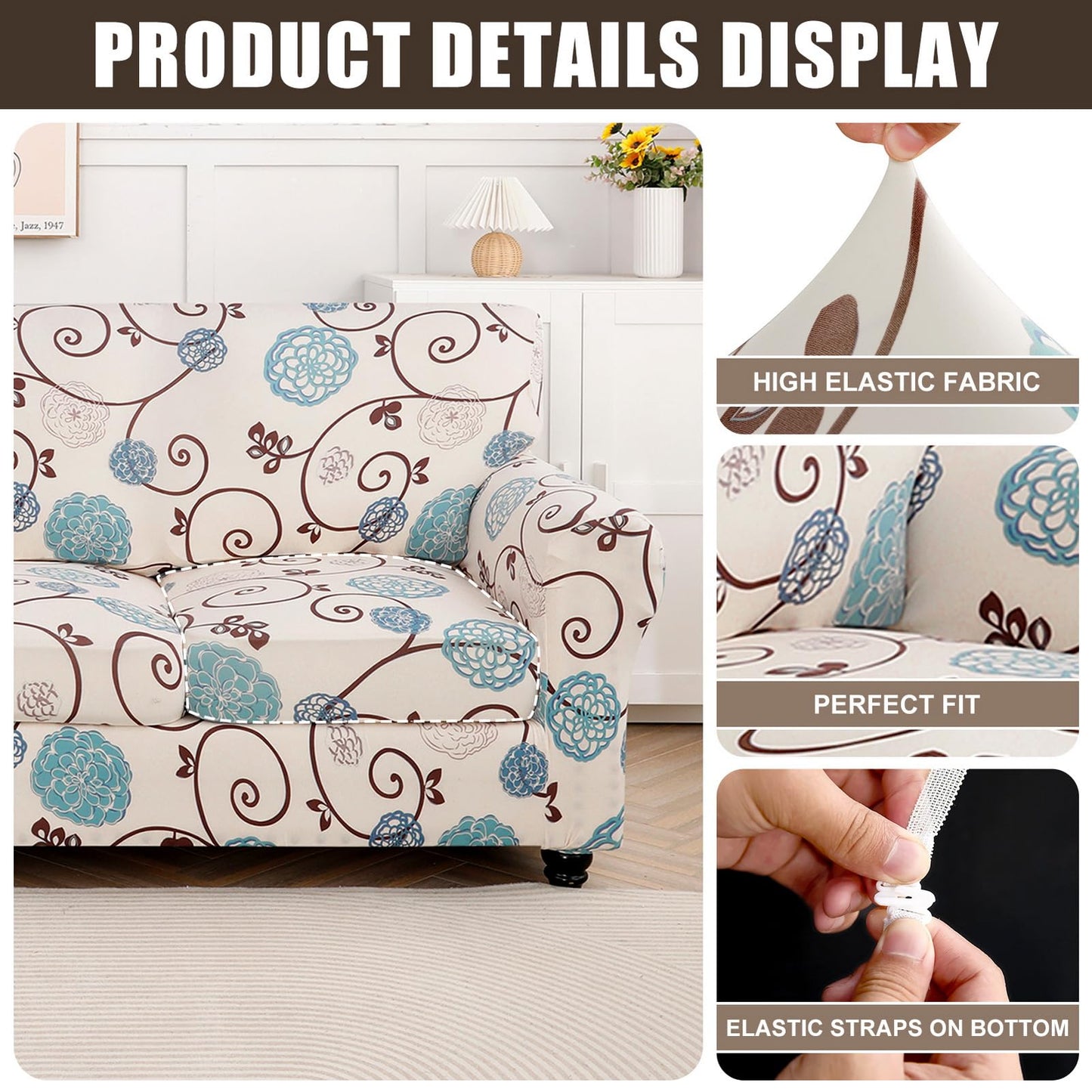 SearchI Stretch Sofa Cover Printed Couch Covers, Floral Pattern 2 Piece Armchair Slipcover with Separate Chair Cushion Cover, Washable Furniture Protector for Living Room(Armchair, Ball Flower)