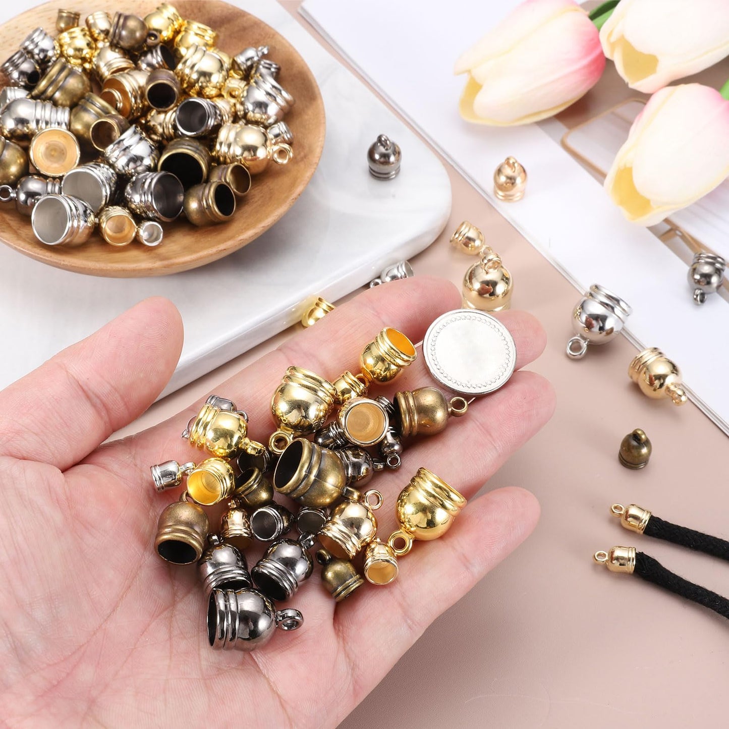MECCANIXITY 250Pcs Tassel Leather Cords Buckle End Tip Cap, Leather & Metal Cord Ends Suede Fiber Crimps Beads Caps for Jewelry Making DIY Pendant, Gold (7x10/8x13/10x15/12x18/15x21mm)