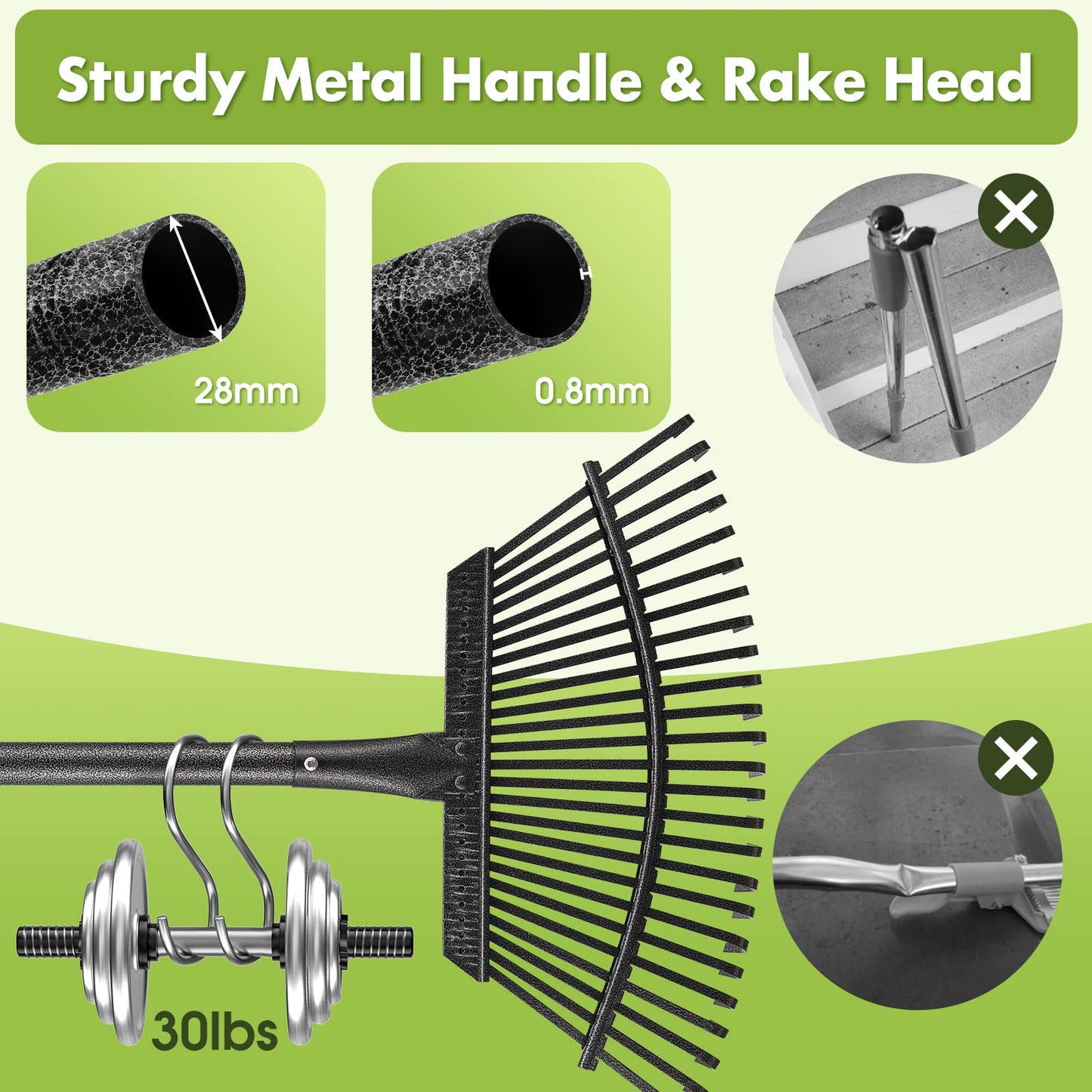 INFLATION Heavy Duty Garden Rake for Leaves for Lawns 65” Length 18” Width Adjustable 25 Tines Sturdy Metal Yard Gardening Leaf Rakes for Women Men with Smooth Comfortable Long Handle