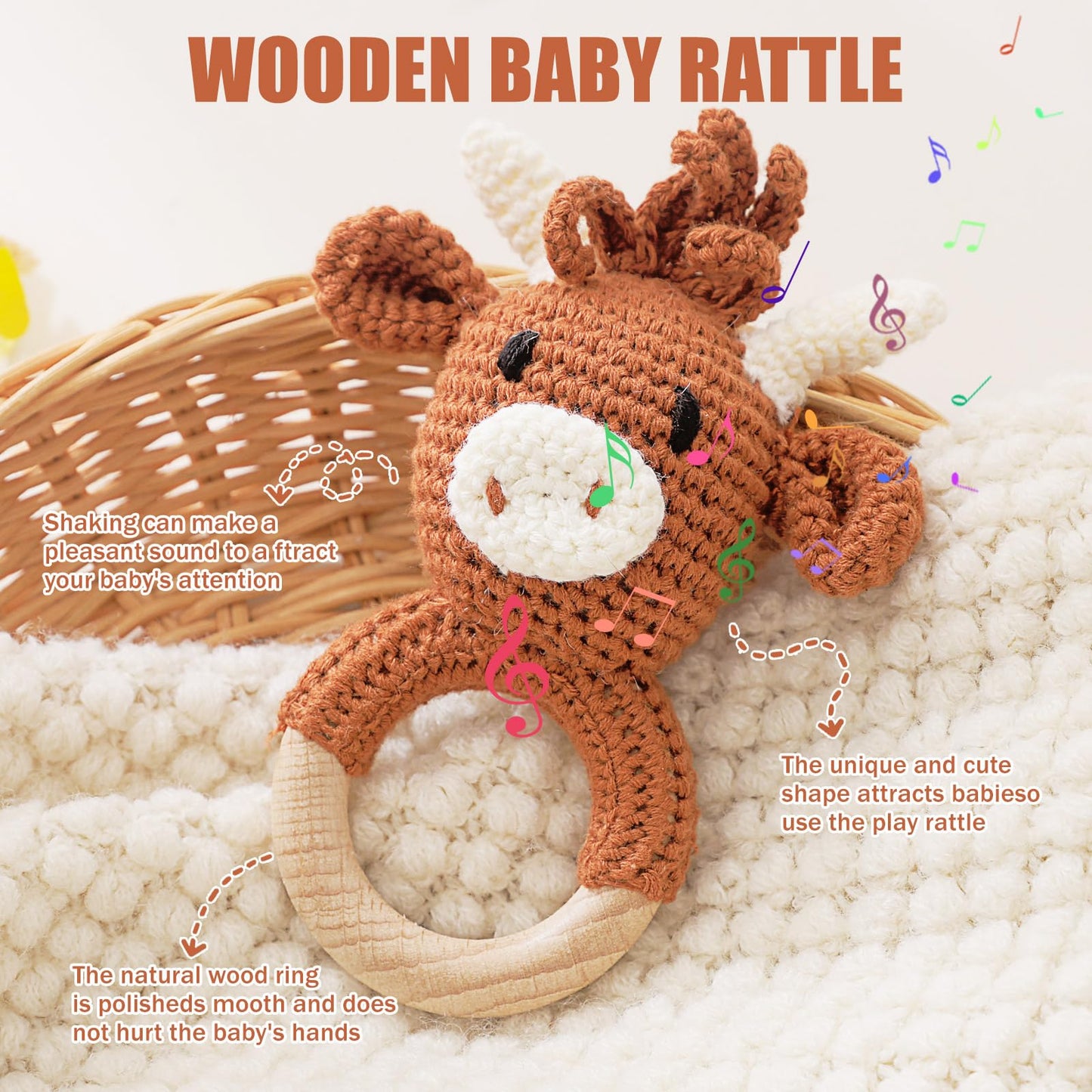 Wooden Baby Rattle, Crochet Cow Rattle, Newborn Wooden Animal Rattle Toy, Infant Rattle Toys