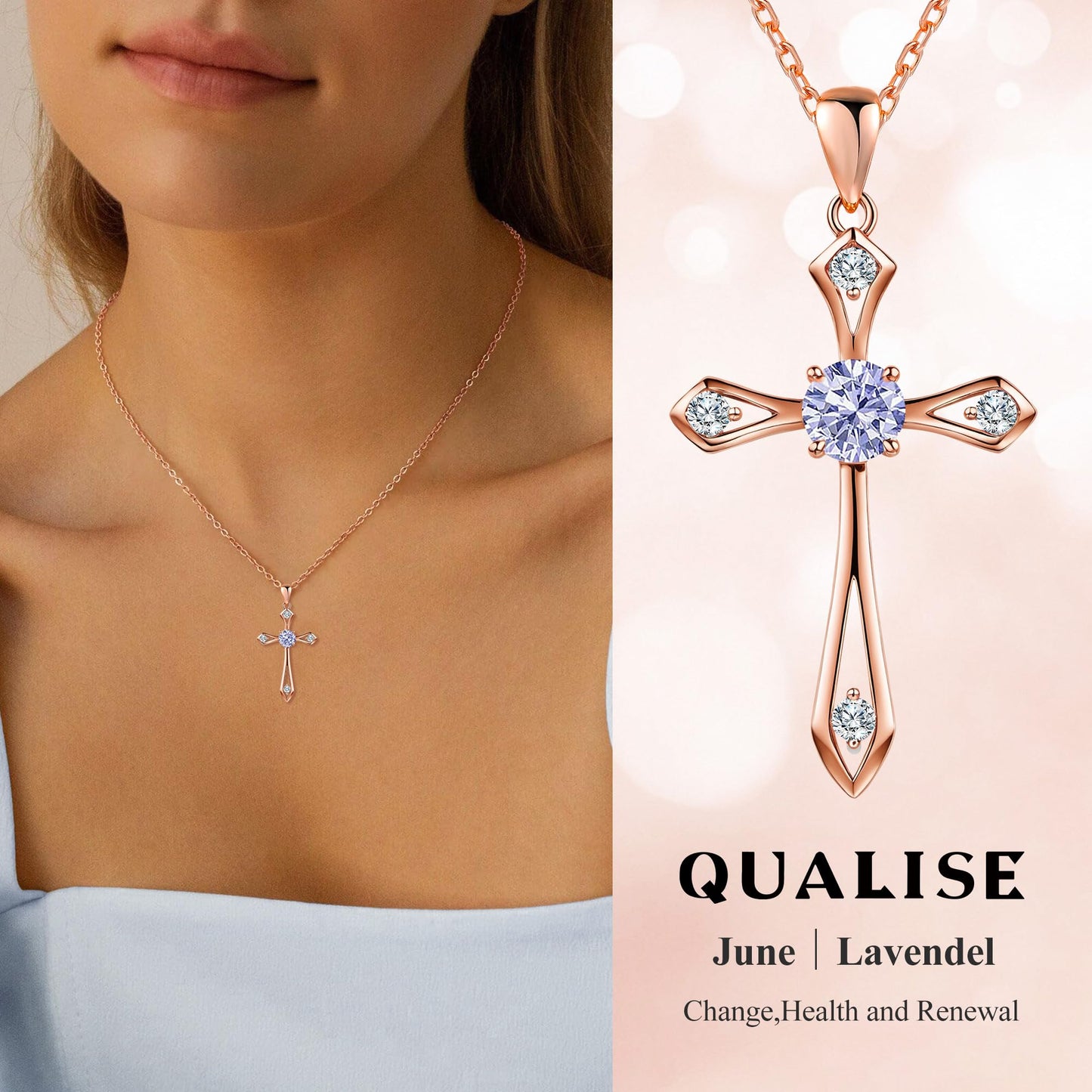 QUALISE Cross Necklace for Women,925 Sterling Silver Birthstone Necklace,Violet-June Birthstone Cross Necklace, Faith Religious Fine Jewelry Valentines Day Gifts Birthday Holiday Gifts for Her
