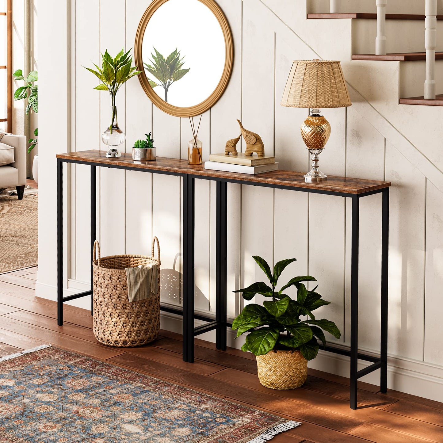 HOOBRO Narrow Console Table and 3-Tier Purse Organizer for Closet, 29.5" Small Entryway Table, Purse Rack Stand with 8 Movable Hooks, BF75XG01-WN28CJ01
